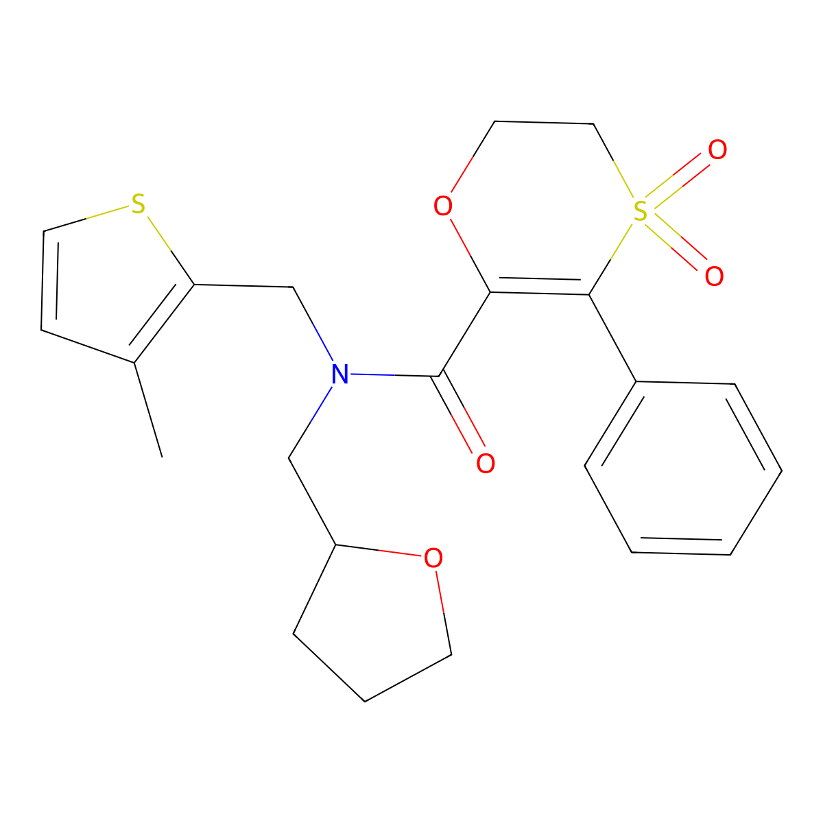 N-[(3-methylthiophen-2-yl)methyl]-3-phenyl-N-(tetrahydrofuran-2-ylmethyl)-5,6-dihydro-1,4-oxathiine-2-carboxamide 4,4-dioxide molecular structure, CAS 1179410-49-1