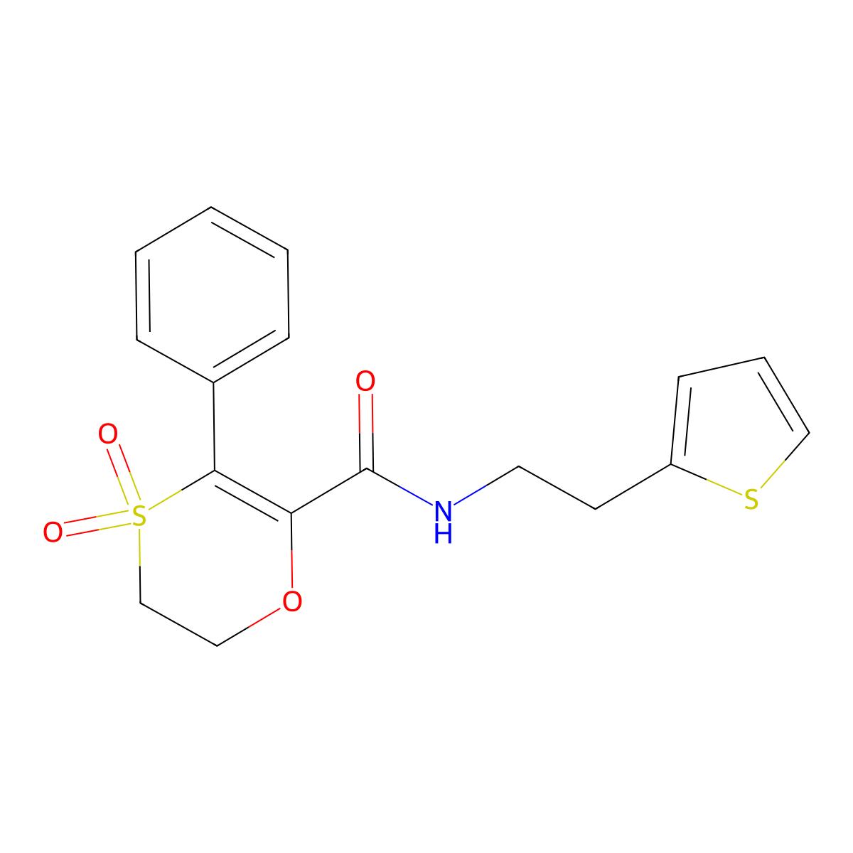 3-phenyl-N-[2-(thiophen-2-yl)ethyl]-5,6-dihydro-1,4-oxathiine-2-carboxamide 4,4-dioxide molecular structure, CAS 1179413-03-6