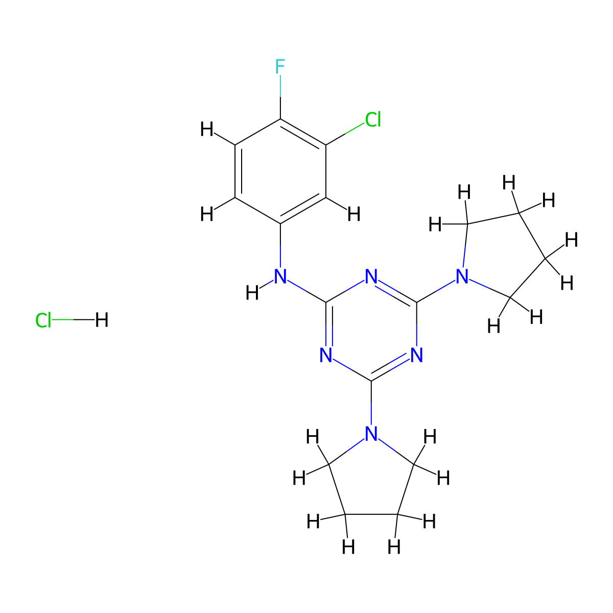 N-(3-chloro-4-fluorophenyl)-4,6-di(pyrrolidin-1-yl)-1,3,5-triazin-2-amine hydrochloride molecular structure, CAS 1179414-62-0