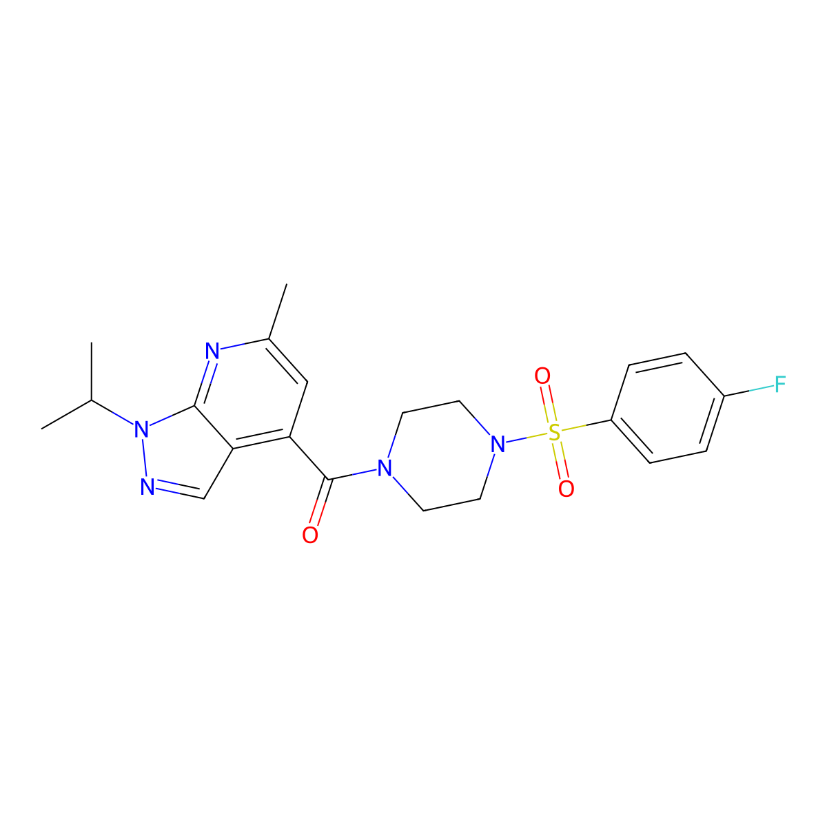 4-({4-[(4-fluorophenyl)sulfonyl]-1-piperazinyl}carbonyl)-1-isopropyl-6-methyl-1H-pyrazolo[3,4-b]pyridine molecular structure, CAS 1179420-25-7