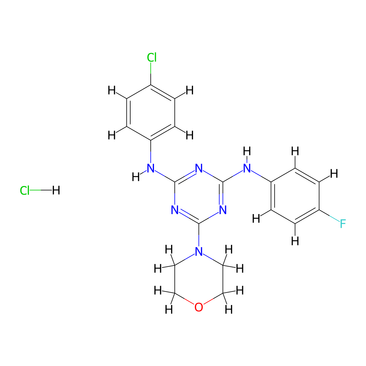 N2-(4-chlorophenyl)-N4-(4-fluorophenyl)-6-(morpholin-4-yl)-1,3,5-triazine-2,4-diamine hydrochloride molecular structure, CAS 1179420-84-8