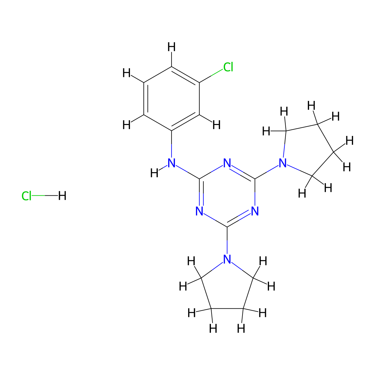 N-(3-chlorophenyl)-4,6-di(pyrrolidin-1-yl)-1,3,5-triazin-2-amine hydrochloride molecular structure, CAS 1179423-43-8
