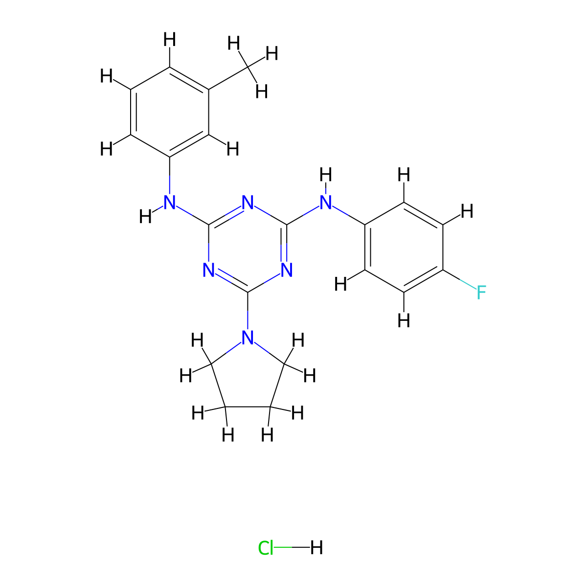 N2-(4-fluorophenyl)-6-(pyrrolidin-1-yl)-N4-(m-tolyl)-1,3,5-triazine-2,4-diamine hydrochloride molecular structure, CAS 1179425-70-7