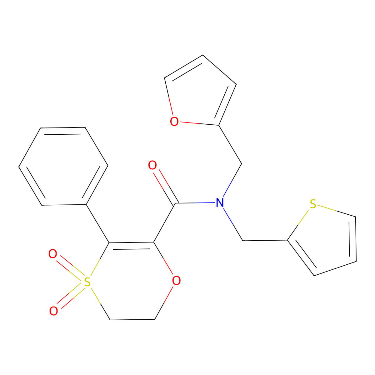N-(furan-2-ylmethyl)-3-phenyl-N-(thiophen-2-ylmethyl)-5,6-dihydro-1,4-oxathiine-2-carboxamide 4,4-dioxide molecular structure, CAS 1179426-80-2