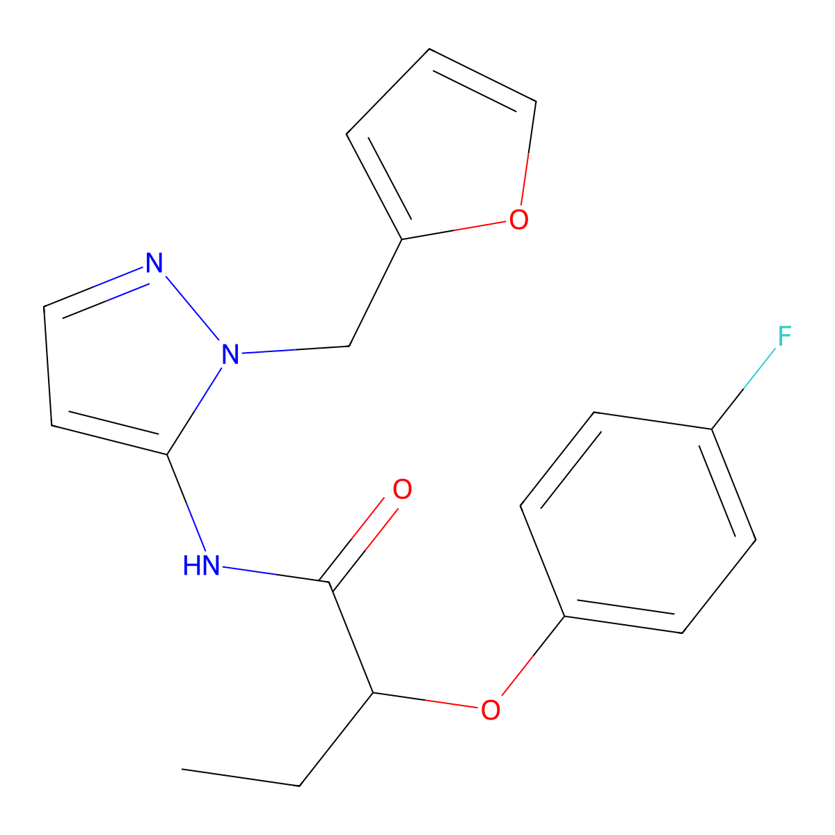 2-(4-fluorophenoxy)-N-[1-(2-furylmethyl)-1H-pyrazol-5-yl]butanamide molecular structure, CAS 1179428-67-1