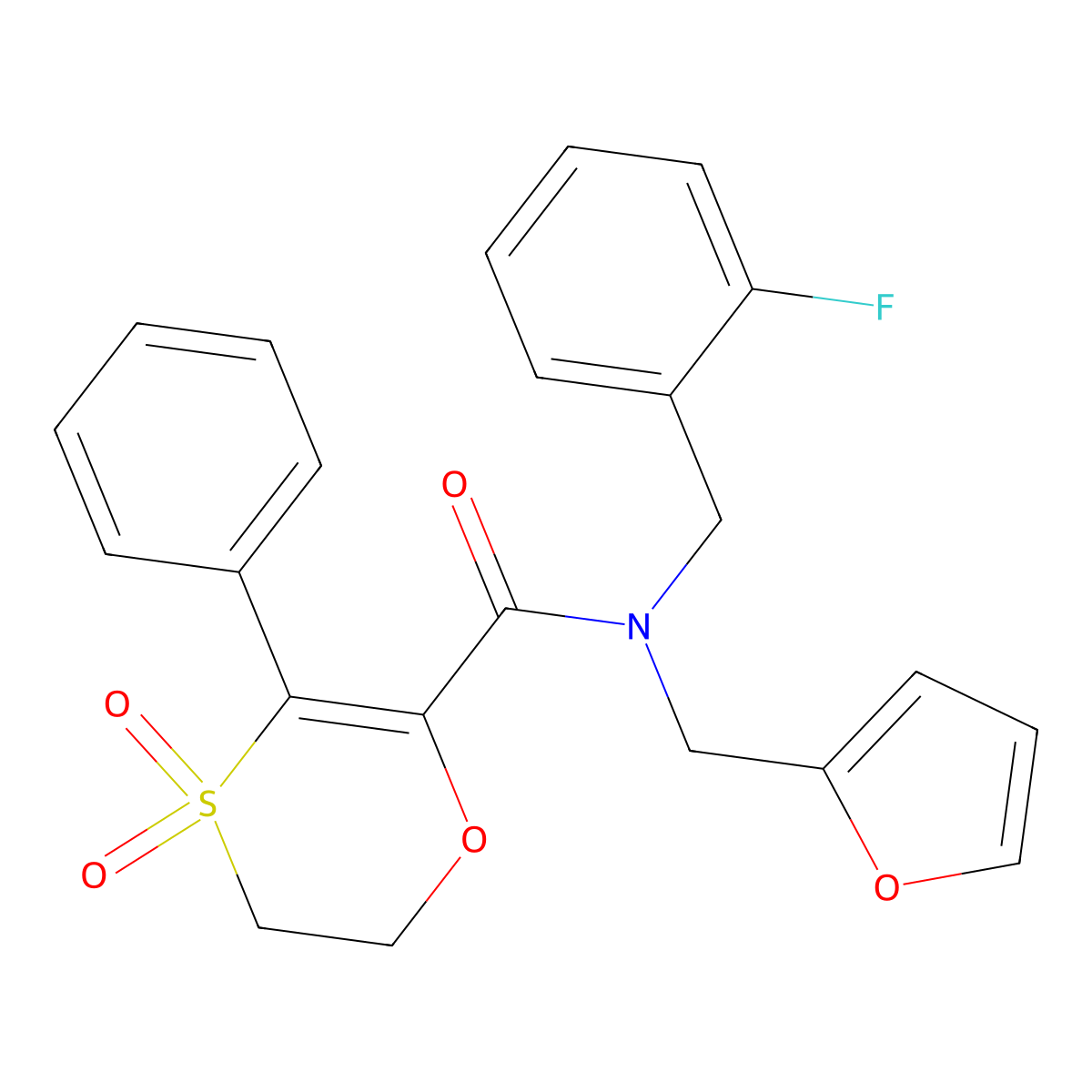 N-(2-fluorobenzyl)-N-(furan-2-ylmethyl)-3-phenyl-5,6-dihydro-1,4-oxathiine-2-carboxamide 4,4-dioxide molecular structure, CAS 1179430-49-9