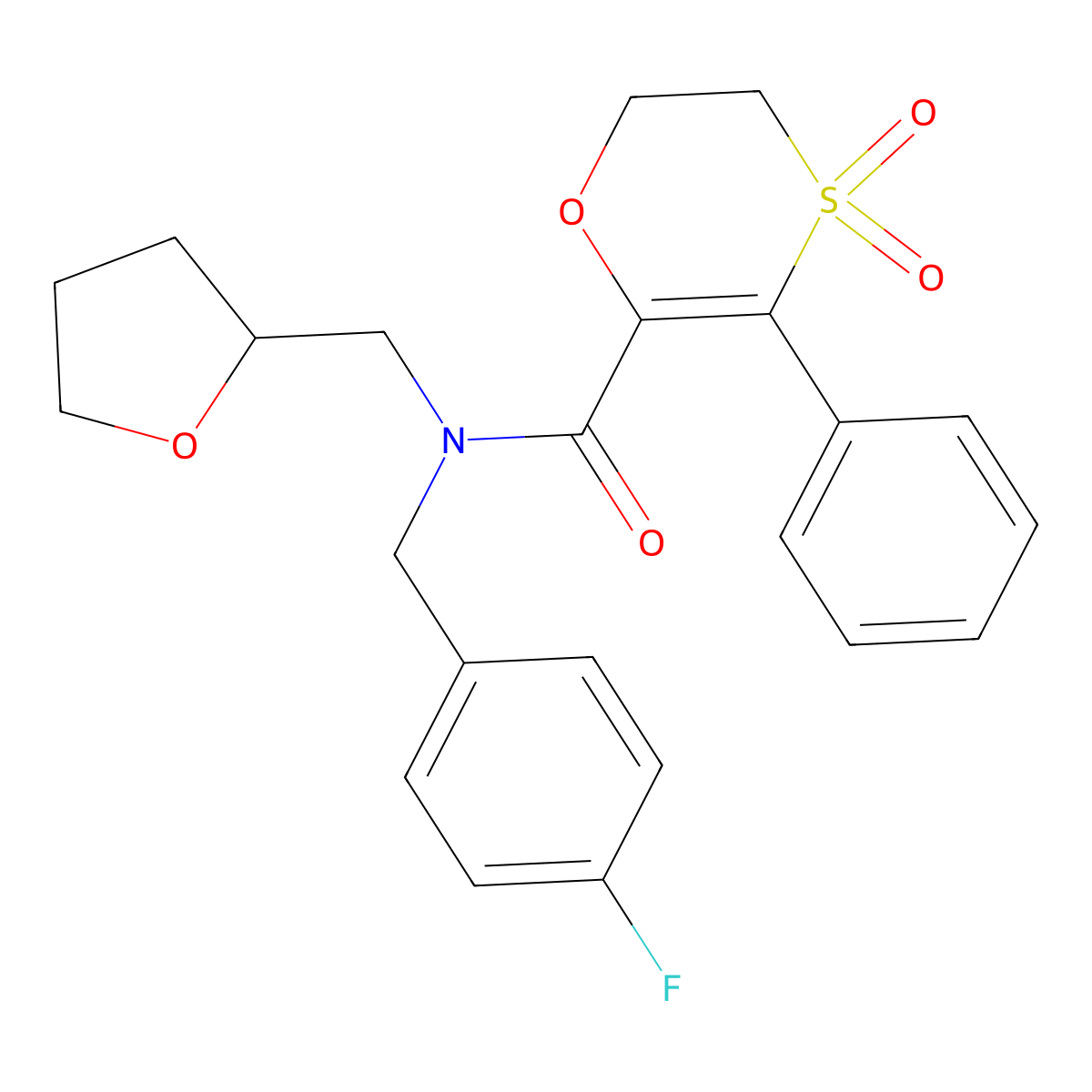 N-(4-fluorobenzyl)-3-phenyl-N-(tetrahydrofuran-2-ylmethyl)-5,6-dihydro-1,4-oxathiine-2-carboxamide 4,4-dioxide molecular structure, CAS 1179430-69-3