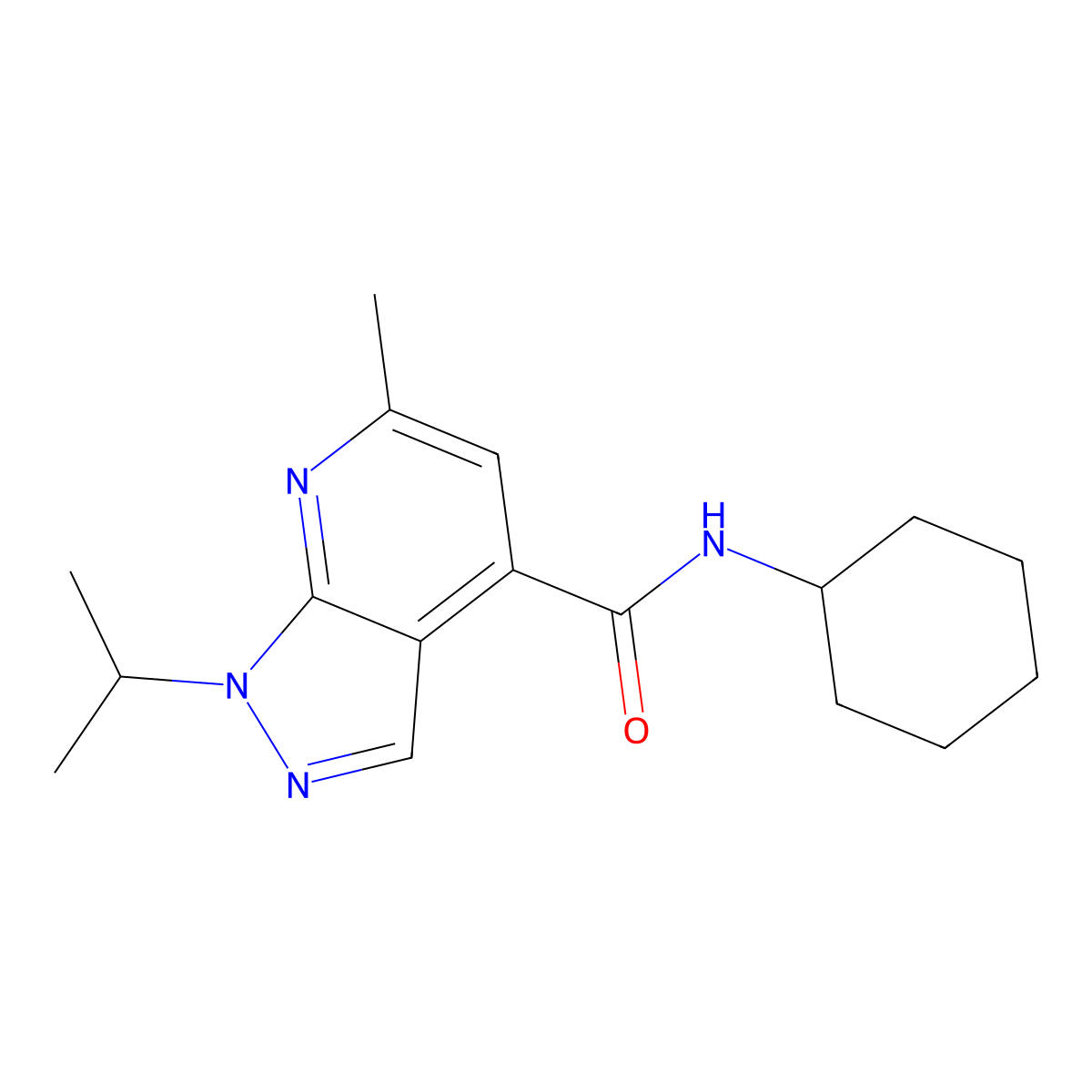 N-cyclohexyl-1-isopropyl-6-methyl-1H-pyrazolo[3,4-b]pyridine-4-carboxamide molecular structure, CAS 1179435-36-9
