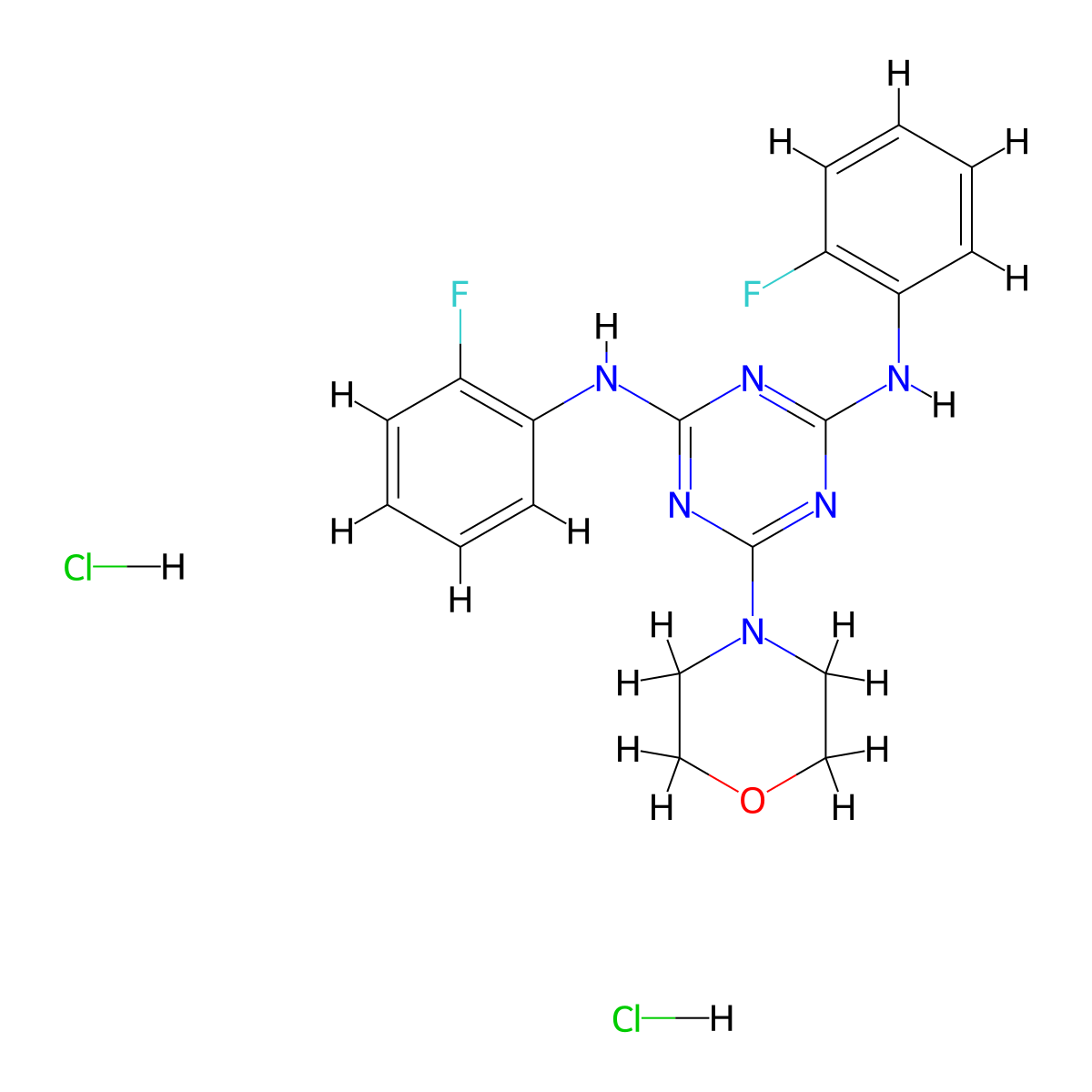 N2,N4-bis(2-fluorophenyl)-6-morpholino-1,3,5-triazine-2,4-diamine dihydrochloride molecular structure, CAS 1179438-28-8