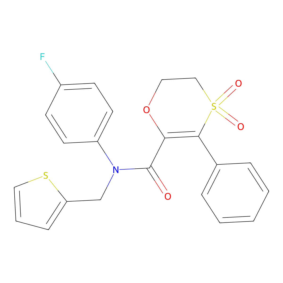 N-(4-fluorophenyl)-3-phenyl-N-(thiophen-2-ylmethyl)-5,6-dihydro-1,4-oxathiine-2-carboxamide 4,4-dioxide molecular structure, CAS 1179440-56-2