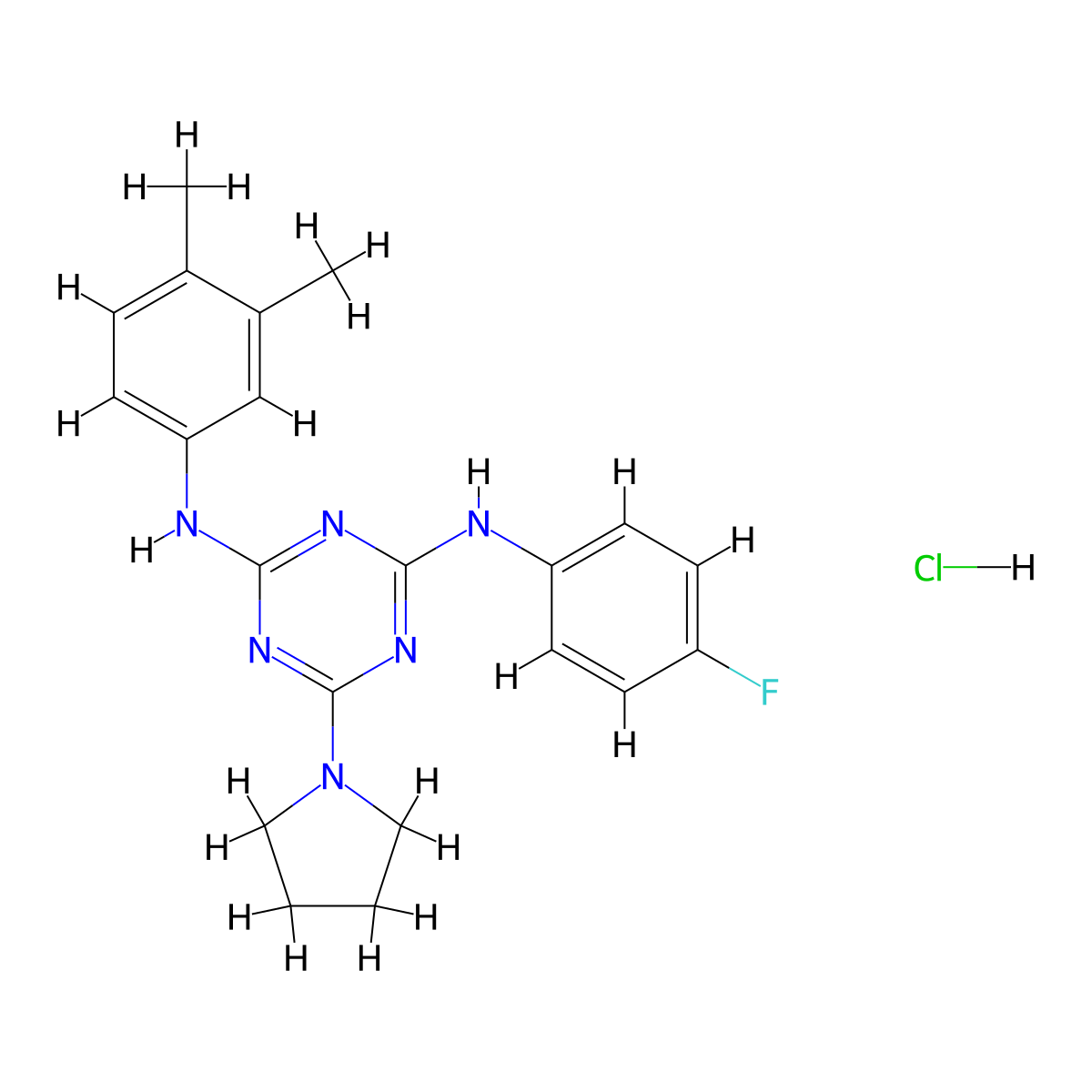 N2-(3,4-dimethylphenyl)-N4-(4-fluorophenyl)-6-(pyrrolidin-1-yl)-1,3,5-triazine-2,4-diamine hydrochloride molecular structure, CAS 1179441-16-7