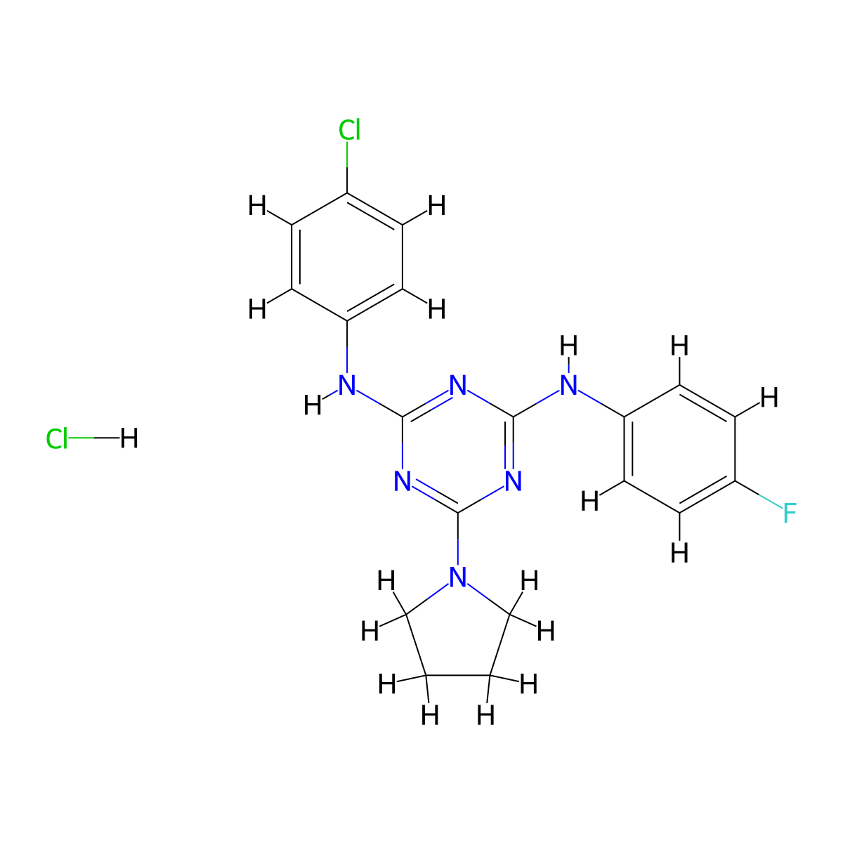 N2-(4-chlorophenyl)-N4-(4-fluorophenyl)-6-(pyrrolidin-1-yl)-1,3,5-triazine-2,4-diamine hydrochloride molecular structure, CAS 1179441-98-5