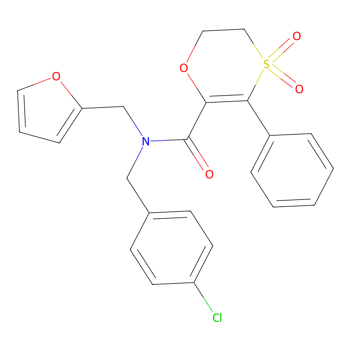 N-(4-chlorobenzyl)-N-(furan-2-ylmethyl)-3-phenyl-5,6-dihydro-1,4-oxathiine-2-carboxamide 4,4-dioxide molecular structure, CAS 1179442-69-3