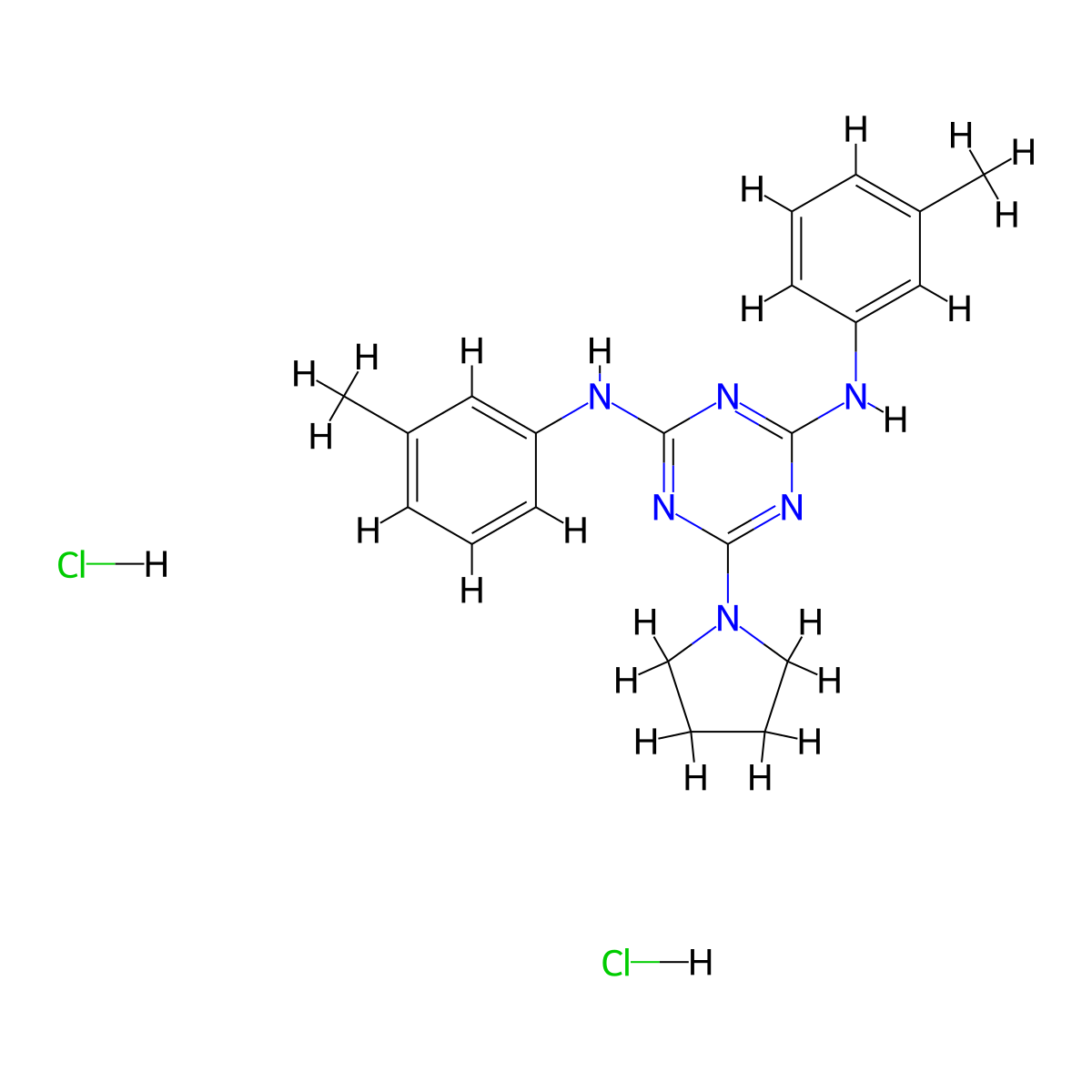 6-(pyrrolidin-1-yl)-N2,N4-di-m-tolyl-1,3,5-triazine-2,4-diamine dihydrochloride molecular structure, CAS 1179446-29-7