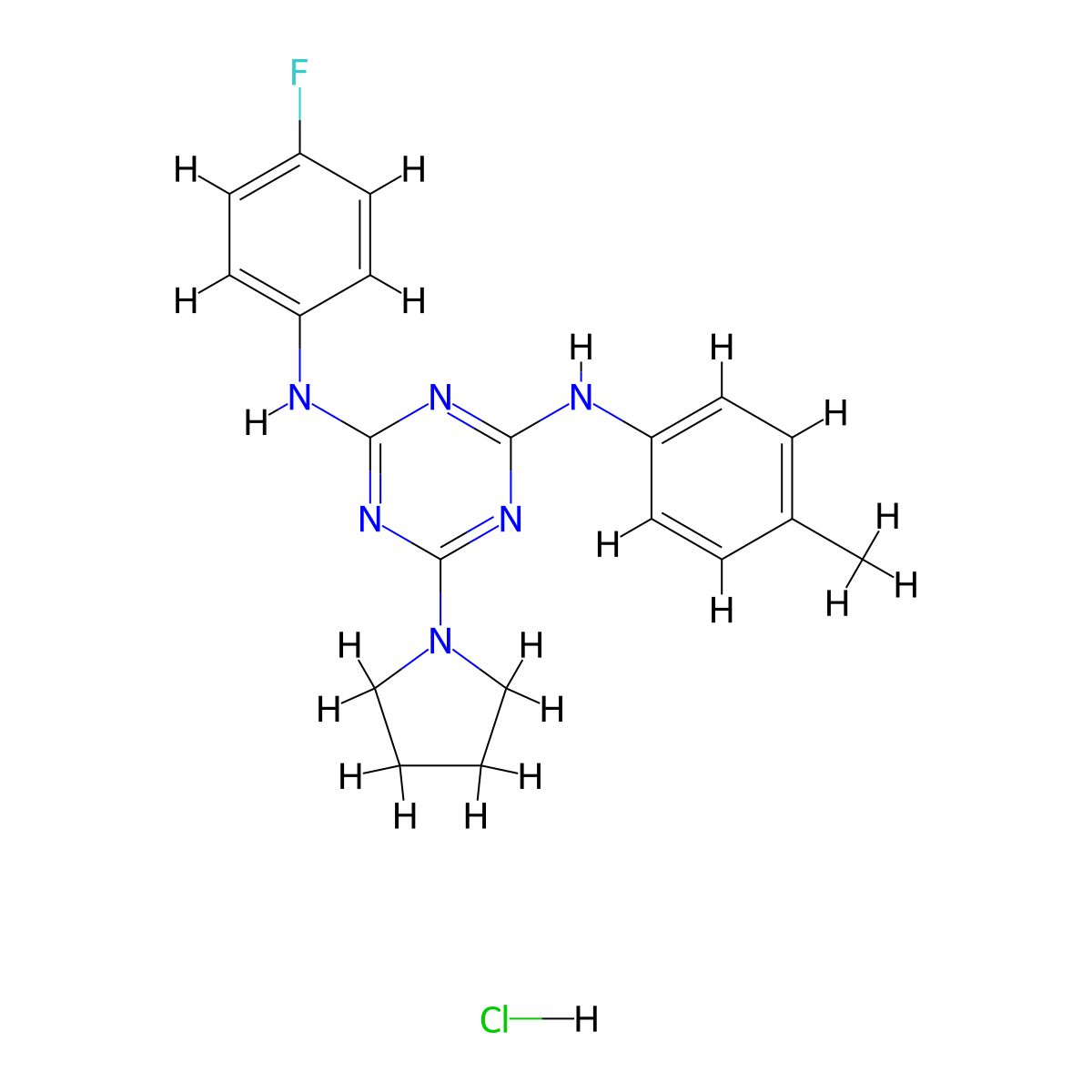 N2-(4-fluorophenyl)-6-(pyrrolidin-1-yl)-N4-(p-tolyl)-1,3,5-triazine-2,4-diamine hydrochloride molecular structure, CAS 1179449-09-2