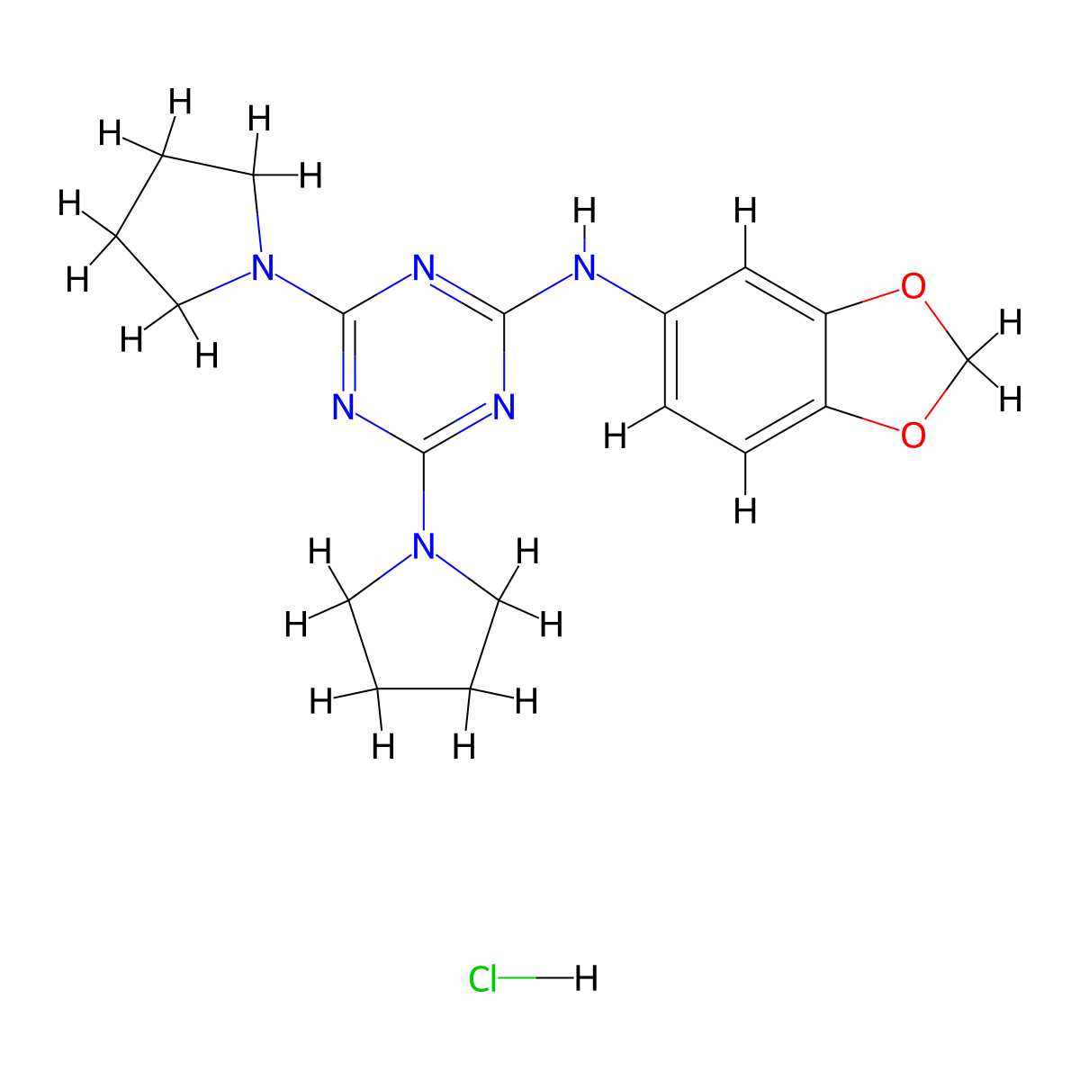 N-(benzo[d][1,3]dioxol-5-yl)-4,6-di(pyrrolidin-1-yl)-1,3,5-triazin-2-amine hydrochloride molecular structure, CAS 1179464-19-7