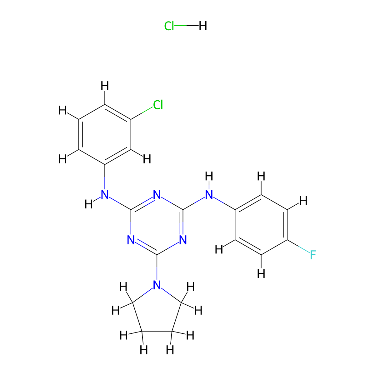N2-(3-chlorophenyl)-N4-(4-fluorophenyl)-6-(pyrrolidin-1-yl)-1,3,5-triazine-2,4-diamine hydrochloride molecular structure, CAS 1179465-75-8