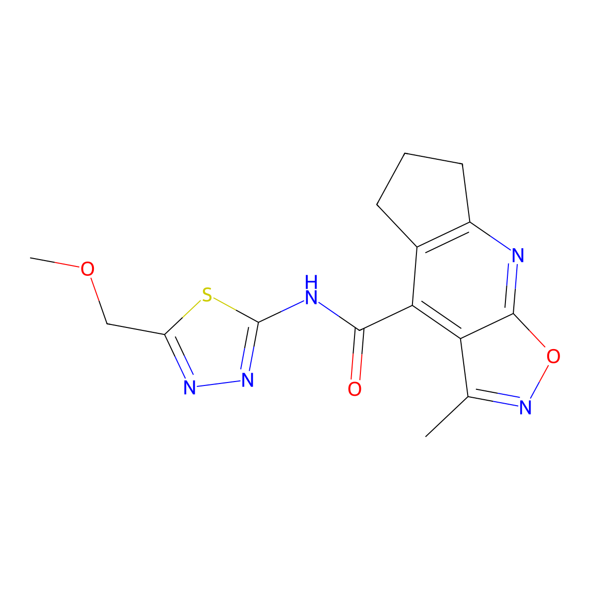 N-(5-(methoxymethyl)-1,3,4-thiadiazol-2-yl)-3-methyl-6,7-dihydro-5H-cyclopenta[b]isoxazolo[4,5-e]pyridine-4-carboxamide molecular structure, CAS 1179470-82-6