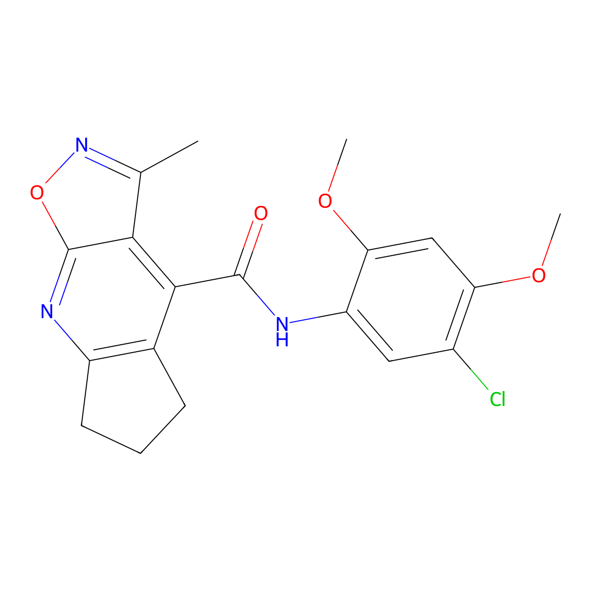 N-(5-chloro-2,4-dimethoxyphenyl)-3-methyl-6,7-dihydro-5H-cyclopenta[b][1,2]oxazolo[4,5-e]pyridine-4-carboxamide molecular structure, CAS 1179472-87-7