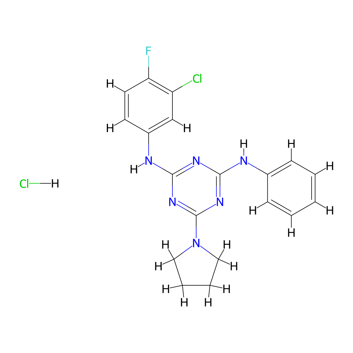 N2-(3-chloro-4-fluorophenyl)-N4-phenyl-6-(pyrrolidin-1-yl)-1,3,5-triazine-2,4-diamine hydrochloride molecular structure, CAS 1179474-14-6