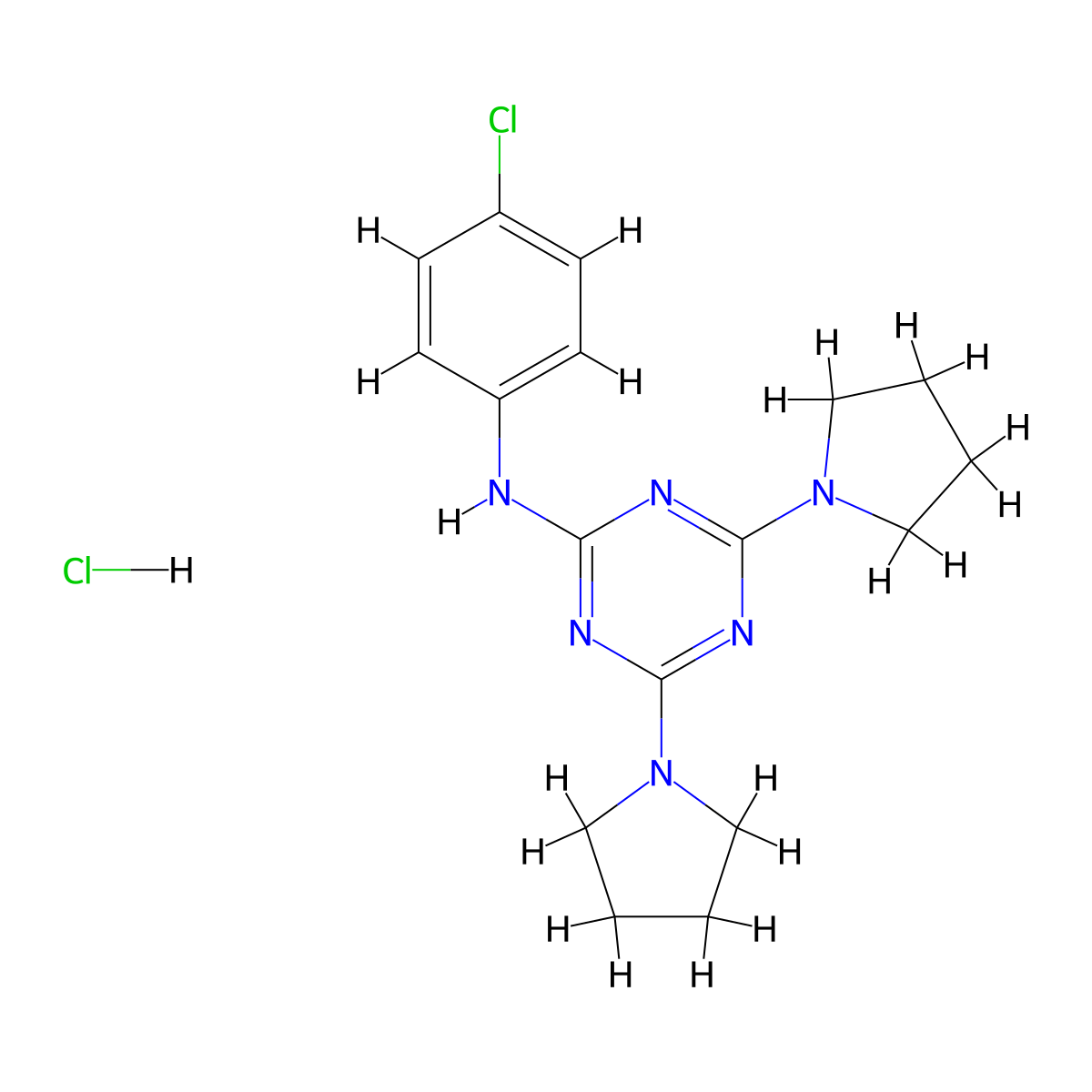 N-(4-chlorophenyl)-4,6-di(pyrrolidin-1-yl)-1,3,5-triazin-2-amine hydrochloride molecular structure, CAS 1179479-34-5