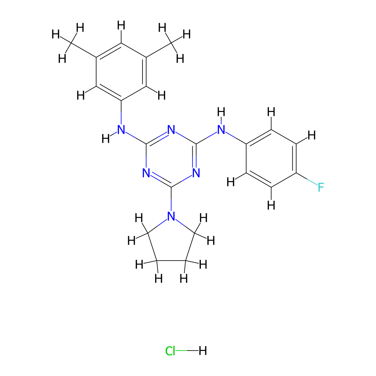 N2-(3,5-dimethylphenyl)-N4-(4-fluorophenyl)-6-(pyrrolidin-1-yl)-1,3,5-triazine-2,4-diamine hydrochloride molecular structure, CAS 1179481-87-8