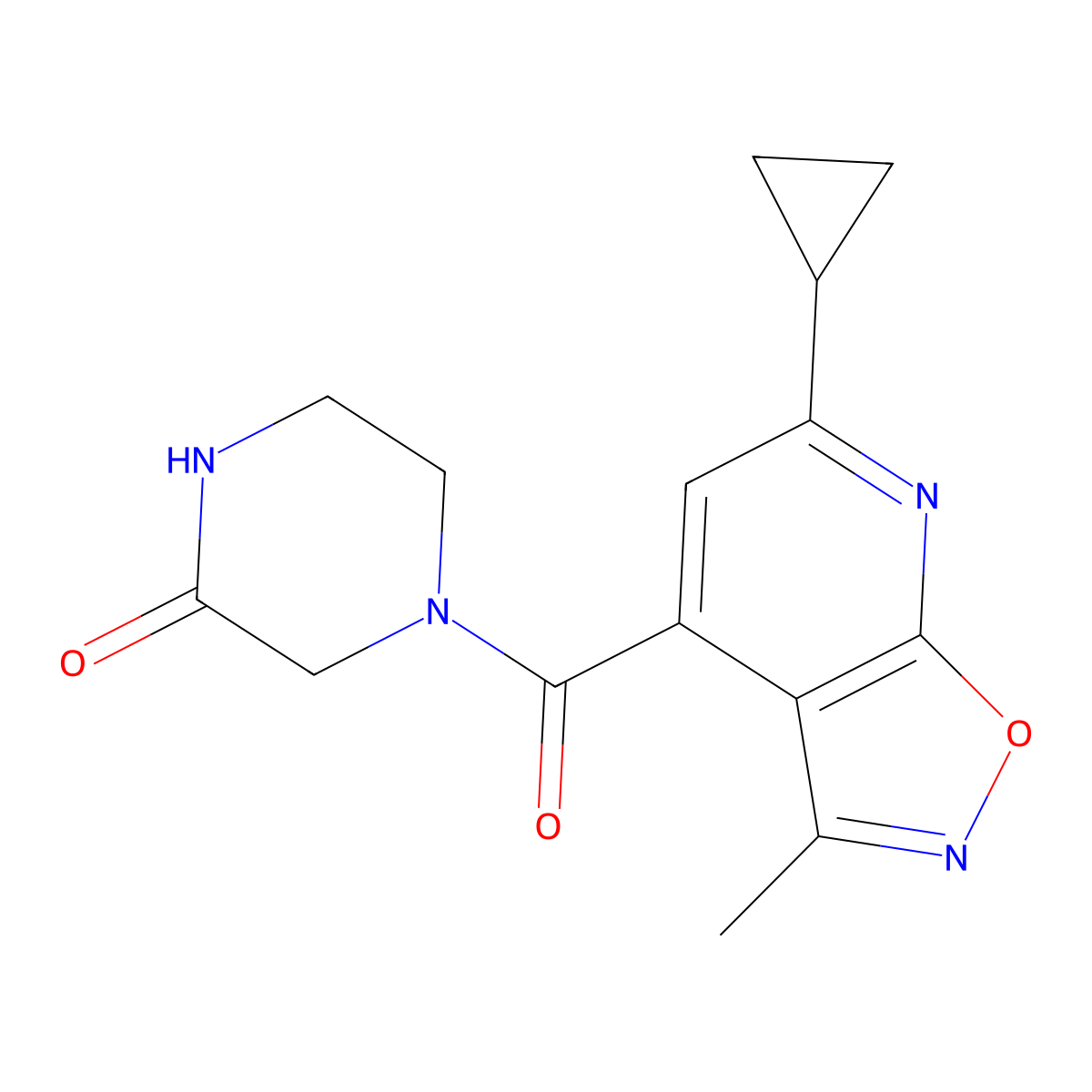 4-(6-Cyclopropyl-3-methyl-[1,2]oxazolo[5,4-b]pyridine-4-carbonyl)piperazin-2-one molecular structure, CAS 1179483-10-3