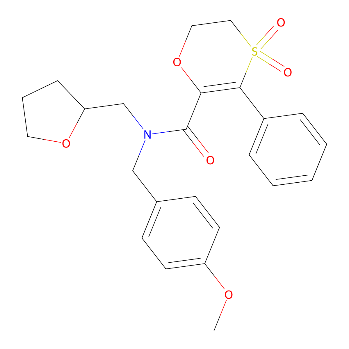 N-(4-methoxybenzyl)-3-phenyl-N-(tetrahydrofuran-2-ylmethyl)-5,6-dihydro-1,4-oxathiine-2-carboxamide 4,4-dioxide molecular structure, CAS 1179485-99-4