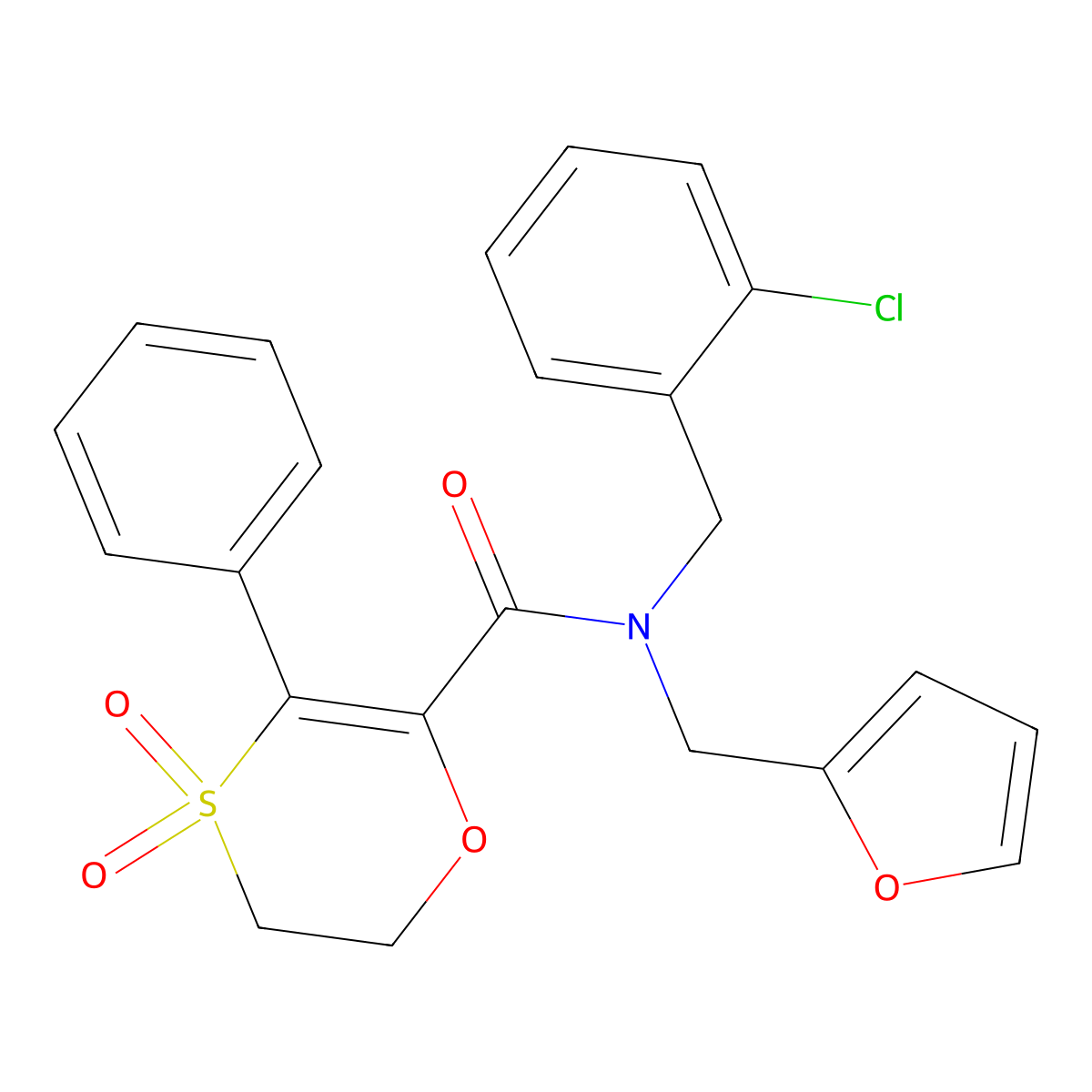 N-(2-chlorobenzyl)-N-(furan-2-ylmethyl)-3-phenyl-5,6-dihydro-1,4-oxathiine-2-carboxamide 4,4-dioxide molecular structure, CAS 1179495-21-6