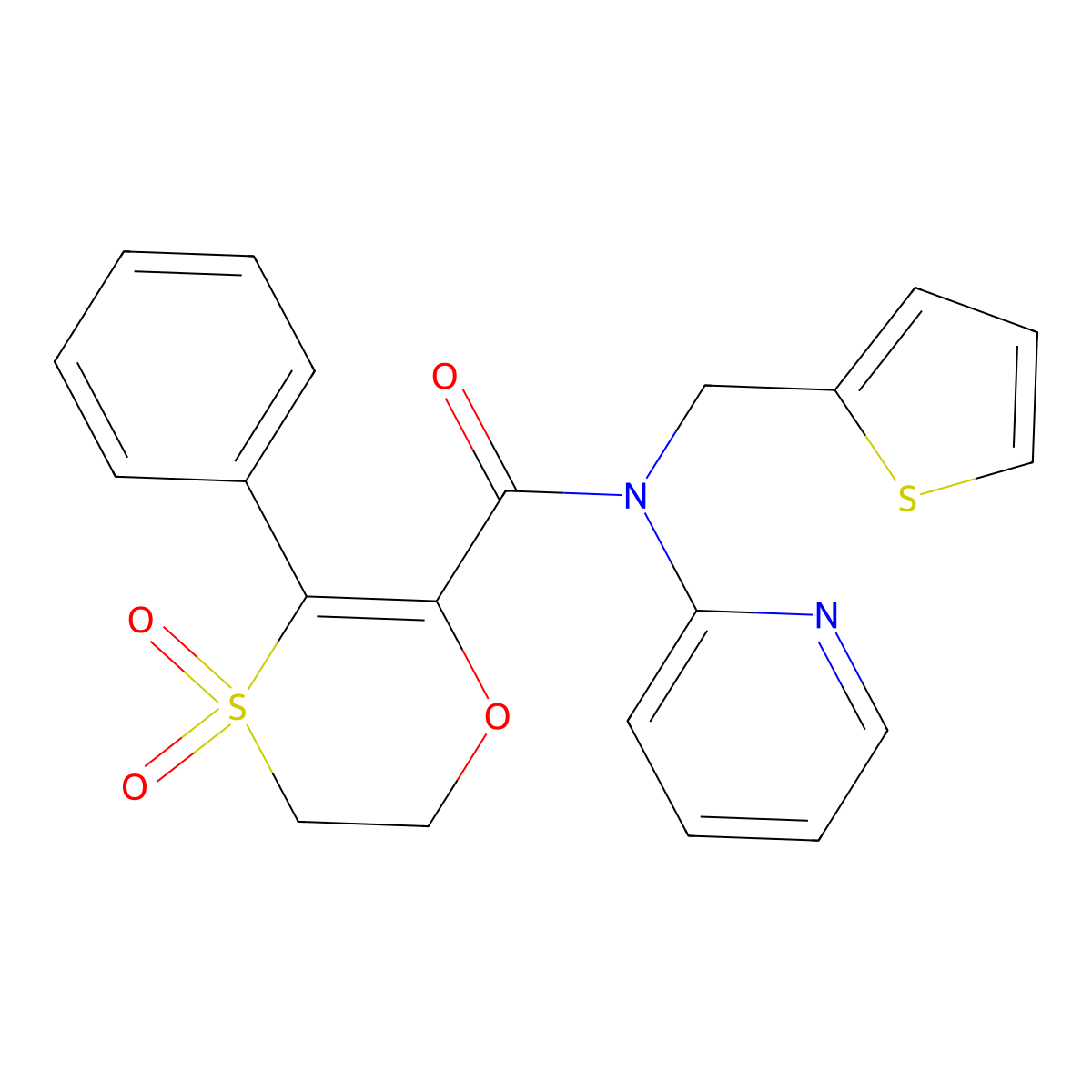3-phenyl-N-(pyridin-2-yl)-N-(thiophen-2-ylmethyl)-5,6-dihydro-1,4-oxathiine-2-carboxamide 4,4-dioxide molecular structure, CAS 1179500-43-6