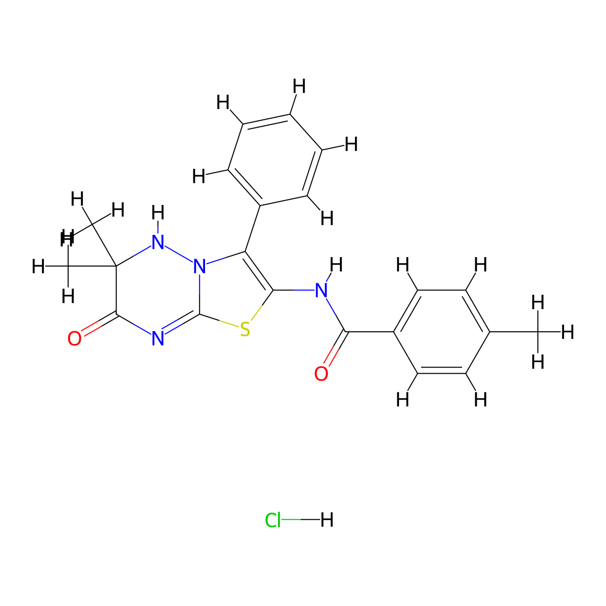 N-{6,6-dimethyl-7-oxo-3-phenyl-5H,6H,7H-[1,3]thiazolo[3,2-b][1,2,4]triazin-2-yl}-4-methylbenzamide hydrochloride molecular structure, CAS 1179501-55-3