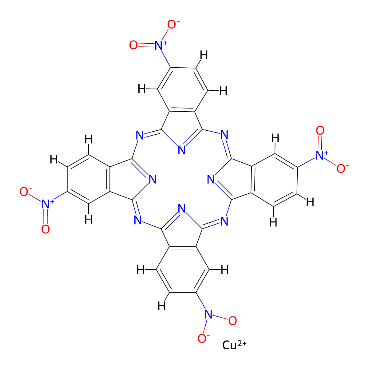 Copper, (2,9,16,23-tetranitro-29H,31H-phthalocyaninato(2-)-kappaN29,kappaN30,kappaN31,kappaN32)-, (SP-4-1)- molecular structure, CAS 118-20-7