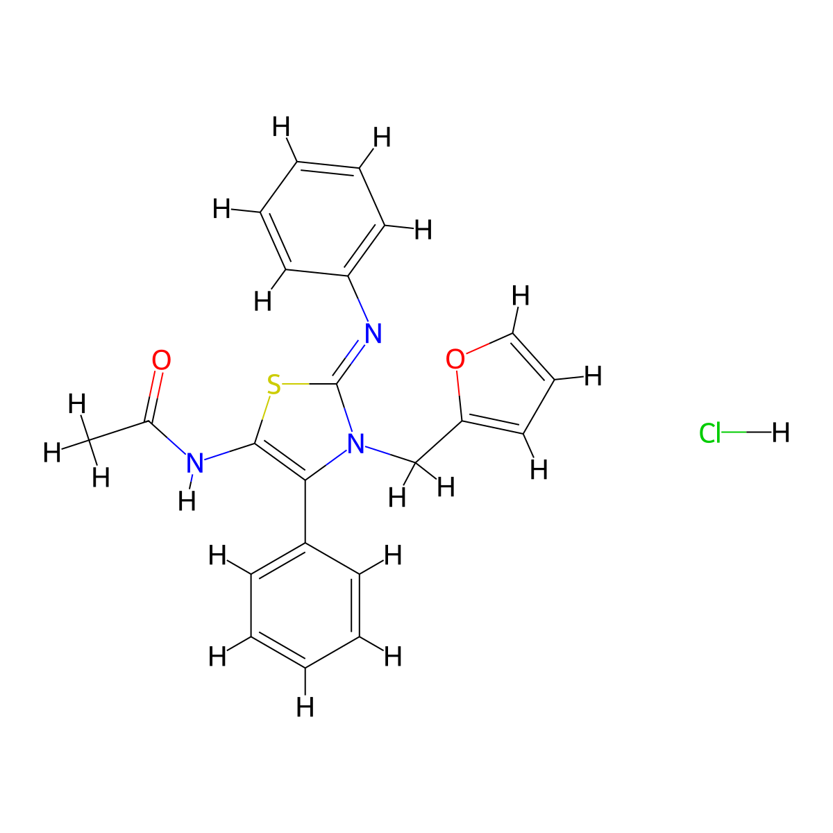 N-{3-[(furan-2-yl)methyl]-4-phenyl-2-(phenylimino)-2,3-dihydro-1,3-thiazol-5-yl}acetamide hydrochloride molecular structure, CAS 1180032-19-2