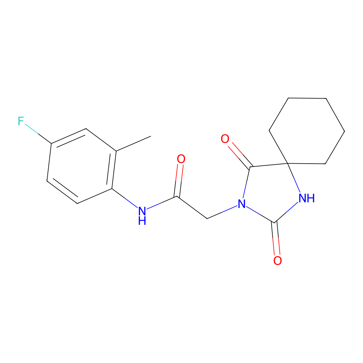 2-(2,4-dioxo-1,3-diazaspiro[4.5]dec-3-yl)-N-(4-fluoro-2-methylphenyl)acetamide molecular structure, CAS 1180384-49-9