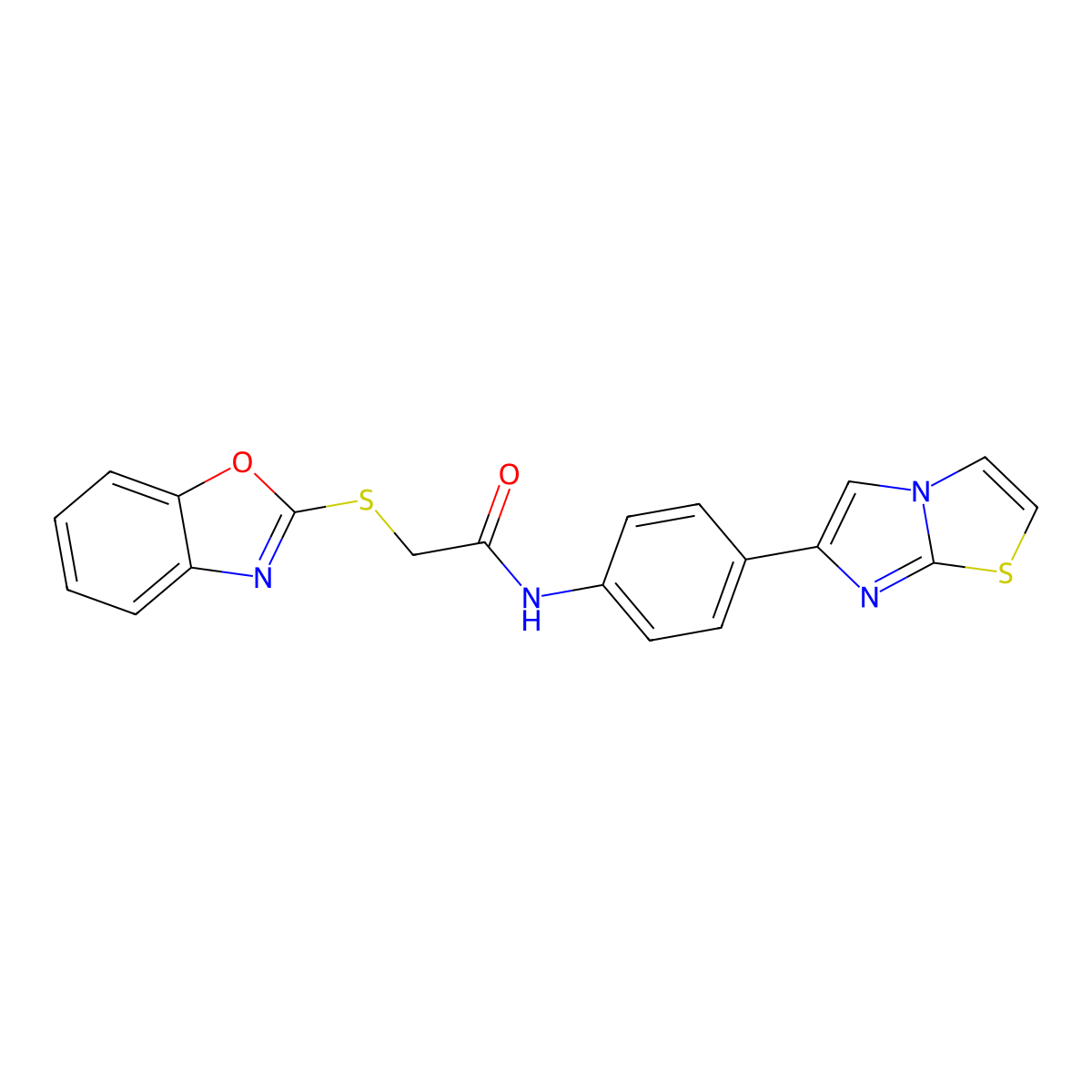 2-(benzo[d]oxazol-2-ylthio)-N-(4-(imidazo[2,1-b]thiazol-6-yl)phenyl)acetamide molecular structure, CAS 1180547-71-0