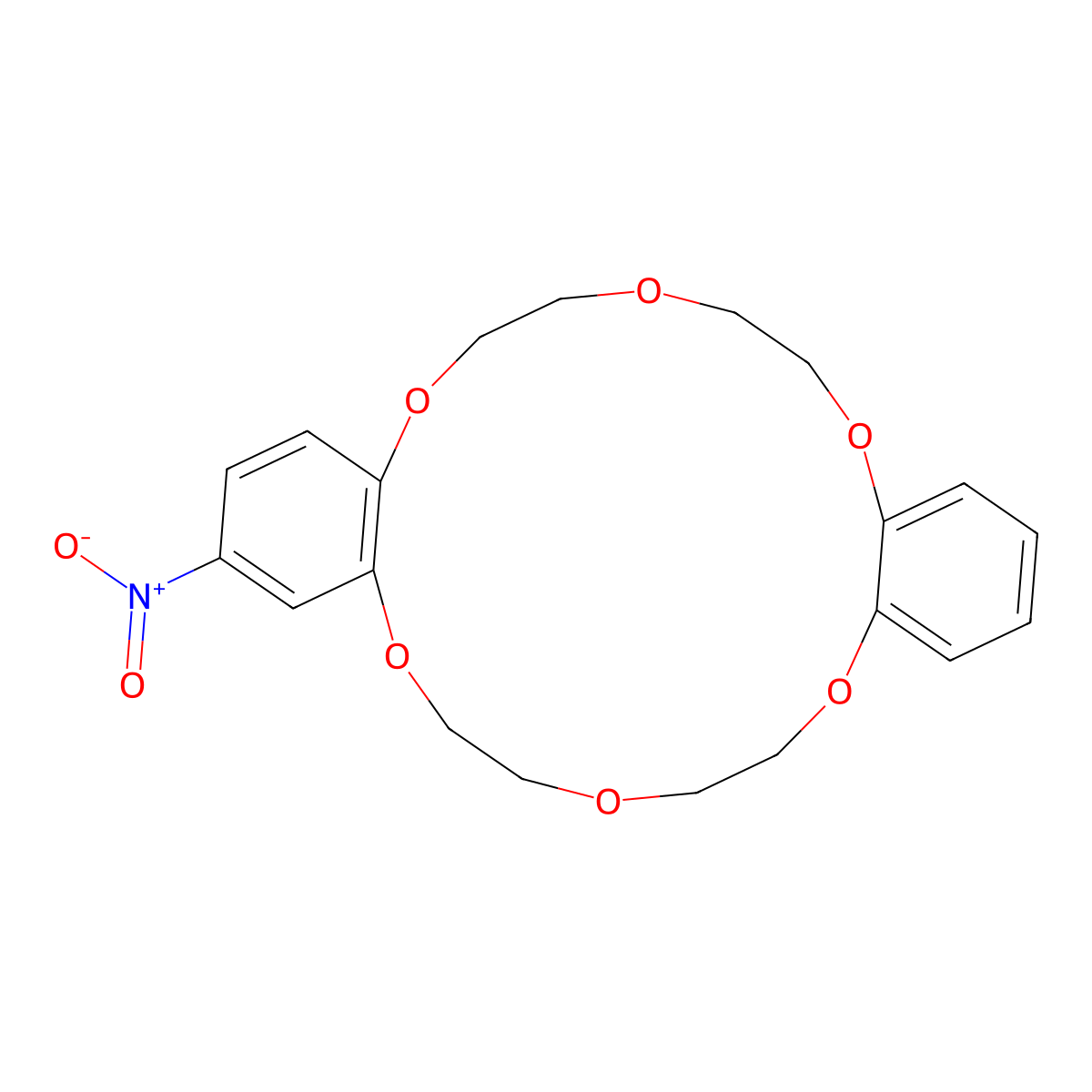 2-Nitro-6,7,9,10,17,18,20,21-octahydrodibenzo[b,k][1,4,7,10,13,16]hexaoxacyclooctadecine molecular structure, CAS 118060-27-8