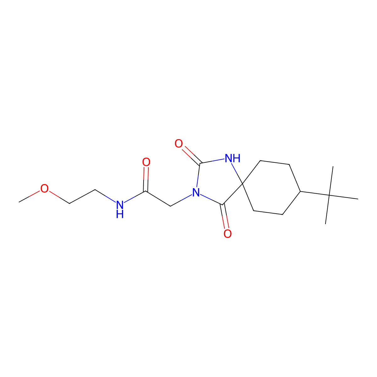 2-(8-tert-butyl-2,4-dioxo-1,3-diazaspiro[4.5]dec-3-yl)-N-(2-methoxyethyl)acetamide molecular structure, CAS 1180601-68-6