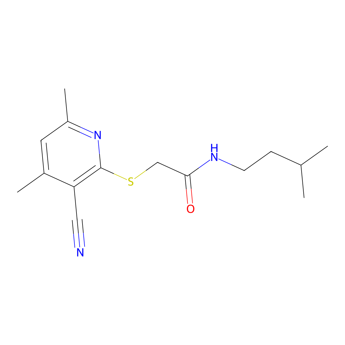 2-[(3-cyano-4,6-dimethylpyridin-2-yl)sulfanyl]-N-(3-methylbutyl)acetamide molecular structure, CAS 1180808-39-2