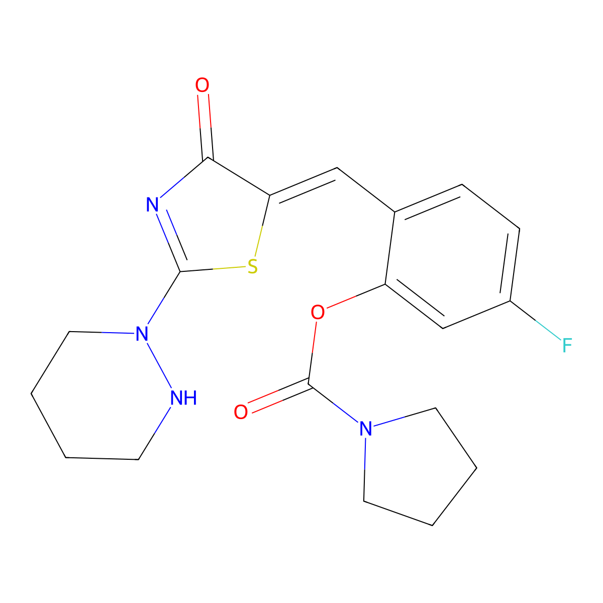 (Z)-5-Fluoro-2-((4-oxo-2-(tetrahydropyridazin-1(2H)-yl)thiazol-5(4H)-ylidene)methyl)phenyl pyrrolidine-1-carboxylate molecular structure, CAS 1181083-81-7