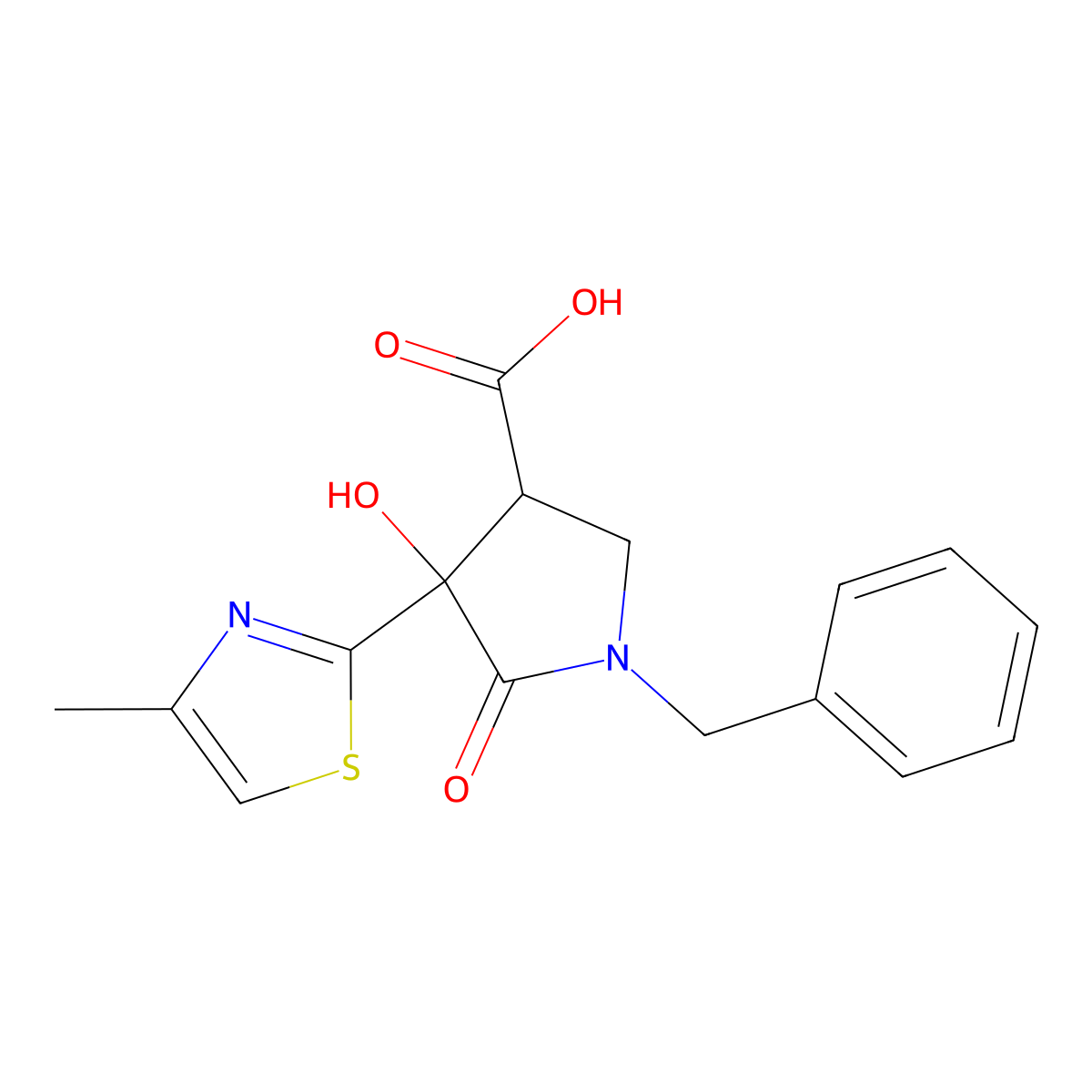 1-Benzyl-4-hydroxy-4-(4-methyl-1,3-thiazol-2-yl)-5-oxopyrrolidine-3-carboxylic acid molecular structure, CAS 1181521-21-0