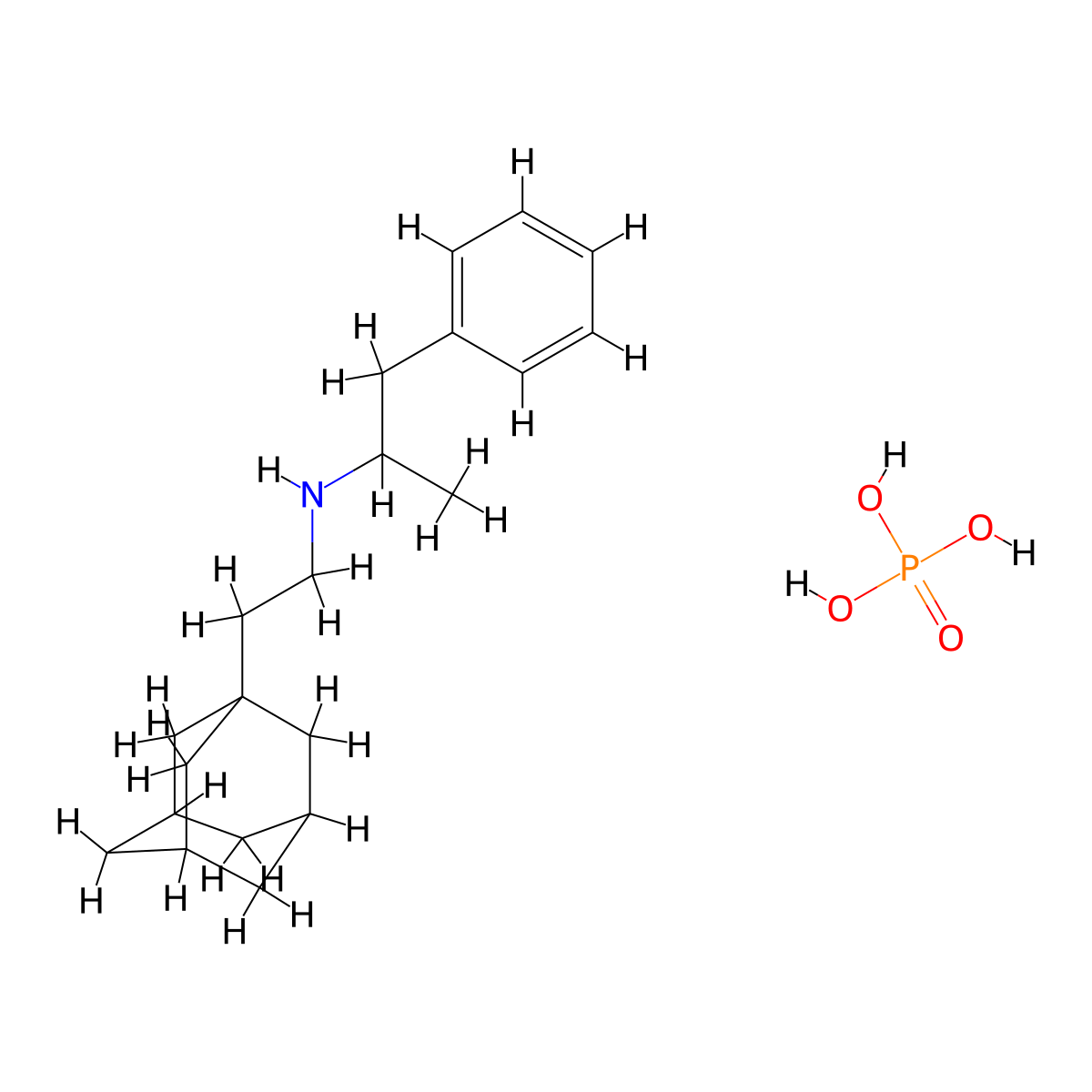 Tricyclo(3.3.1.1(sup 3,7))decane-1-ethanamine, N-(1-methyl-2-phenylethyl)-, phosphate (1:1) molecular structure, CAS 118202-66-7