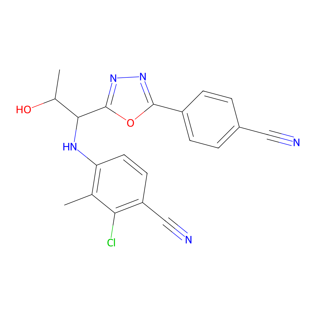 2-Chloro-4-(((1R,2S)-1-(5-(4-cyanophenyl)-1,3,4-oxadiazol-2-yl)-2-hydroxypropyl)amino)-3-methylbenzonitrile molecular structure, CAS 1182367-47-0