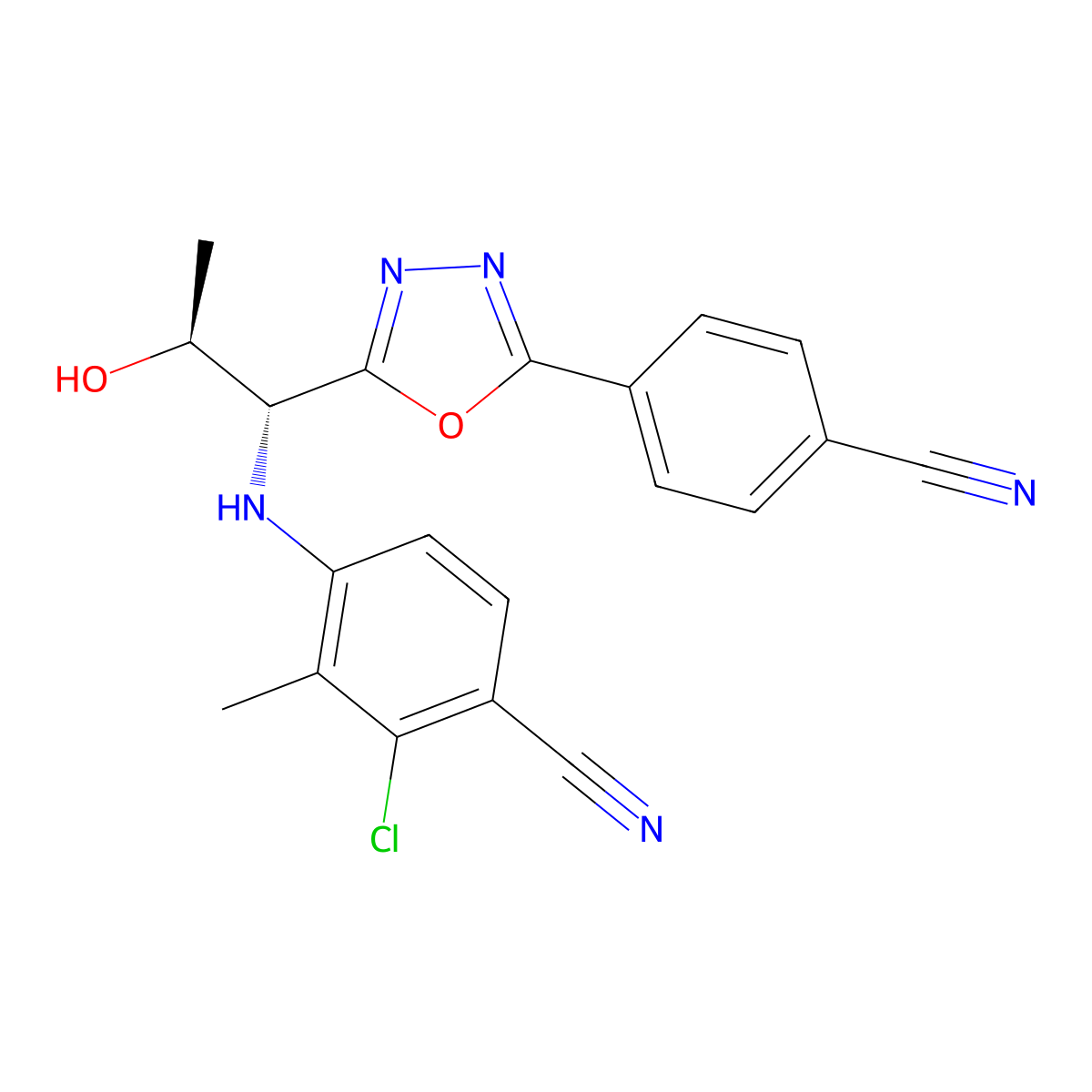 2-Chloro-4-(((1R,2S)-1-(5-(4-cyanophenyl)-1,3,4-oxadiazol-2-yl)-2-hydroxypropyl)amino)-3-methylbenzonitrile molecular structure, CAS 1182367-47-0