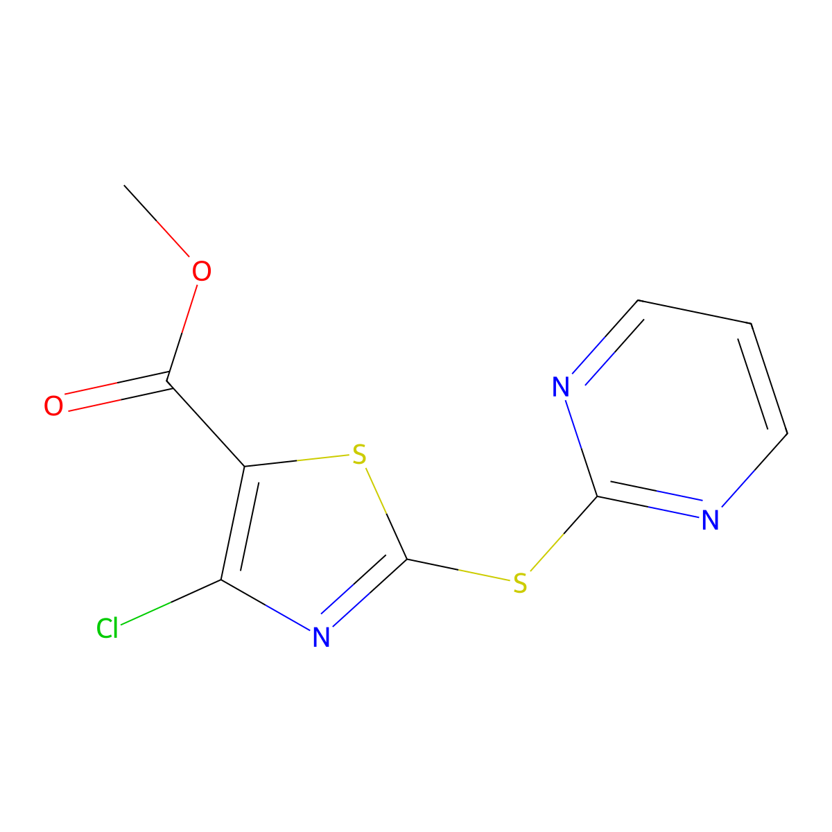 Methyl 4-chloro-2-(pyrimidin-2-ylsulfanyl)-1,3-thiazole-5-carboxylate molecular structure, CAS 1184435-58-2