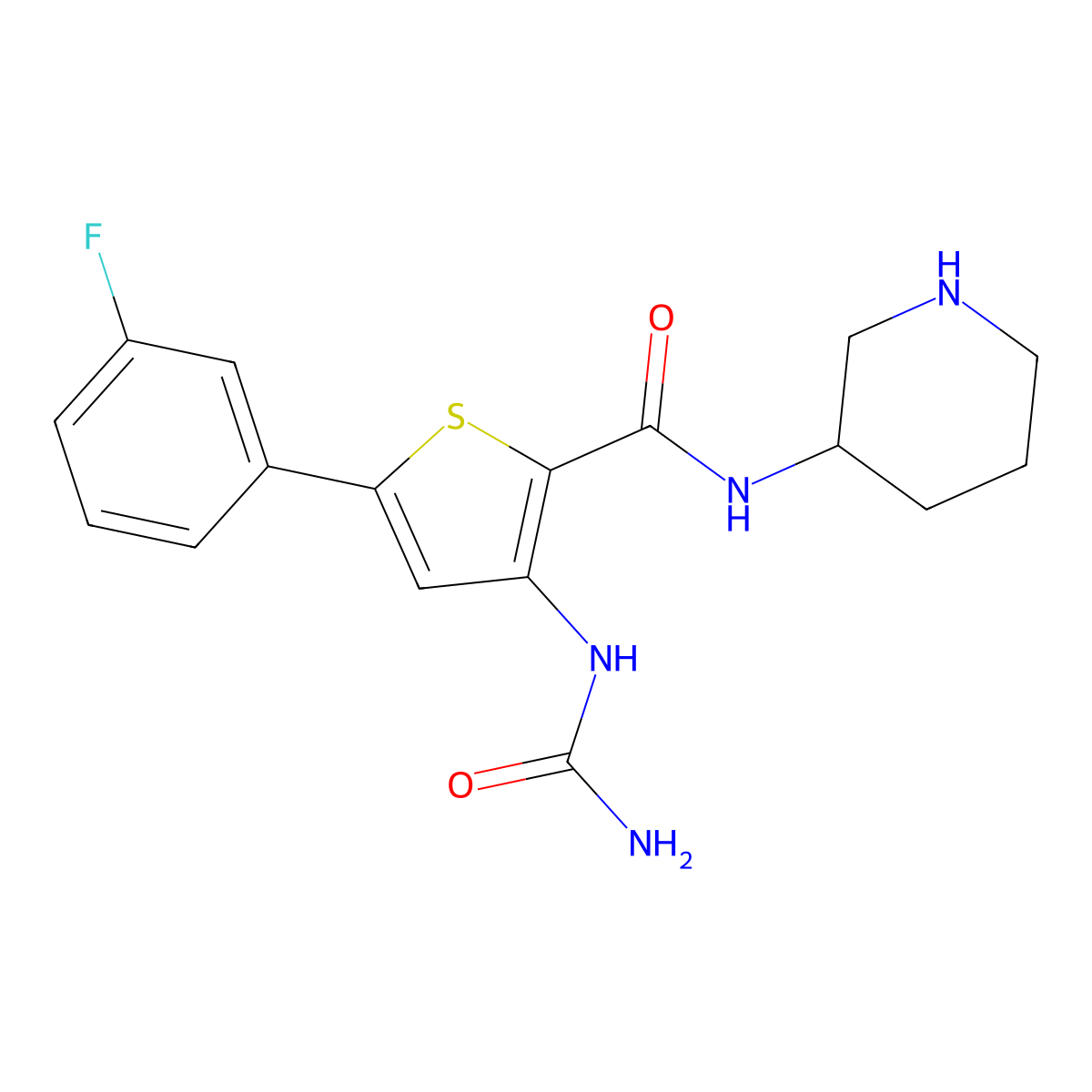 5-(3-fluorophenyl)-N-(piperidin-3-yl)-3-ureidothiophene-2-carboxamide molecular structure, CAS 1184916-21-9
