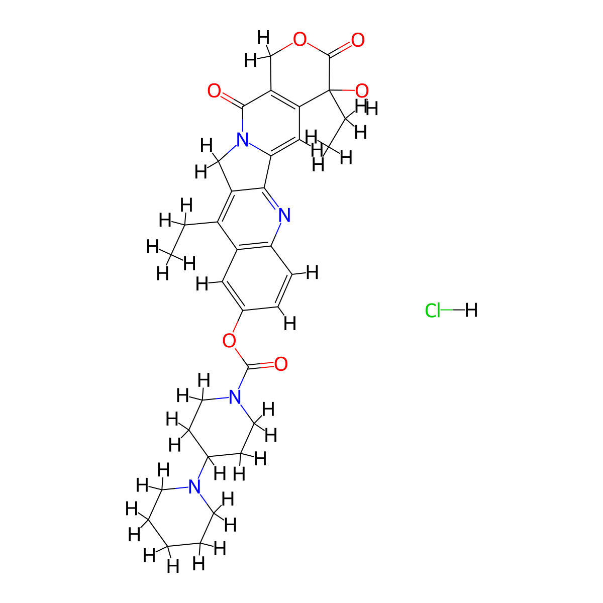 10,19-Diethyl-19-hydroxy-14,18-dioxo-17-oxa-3,13-diazapentacyclo[11.8.0.0^{2,11}.0^{4,9}.0^{15,20}]henicosa-1(21),2(11),3,5,7,9,15(20)-heptaen-7-yl [1,4'-bipiperidine]-1'-carboxylate hydrochloride molecular structure, CAS 1184916-73-1