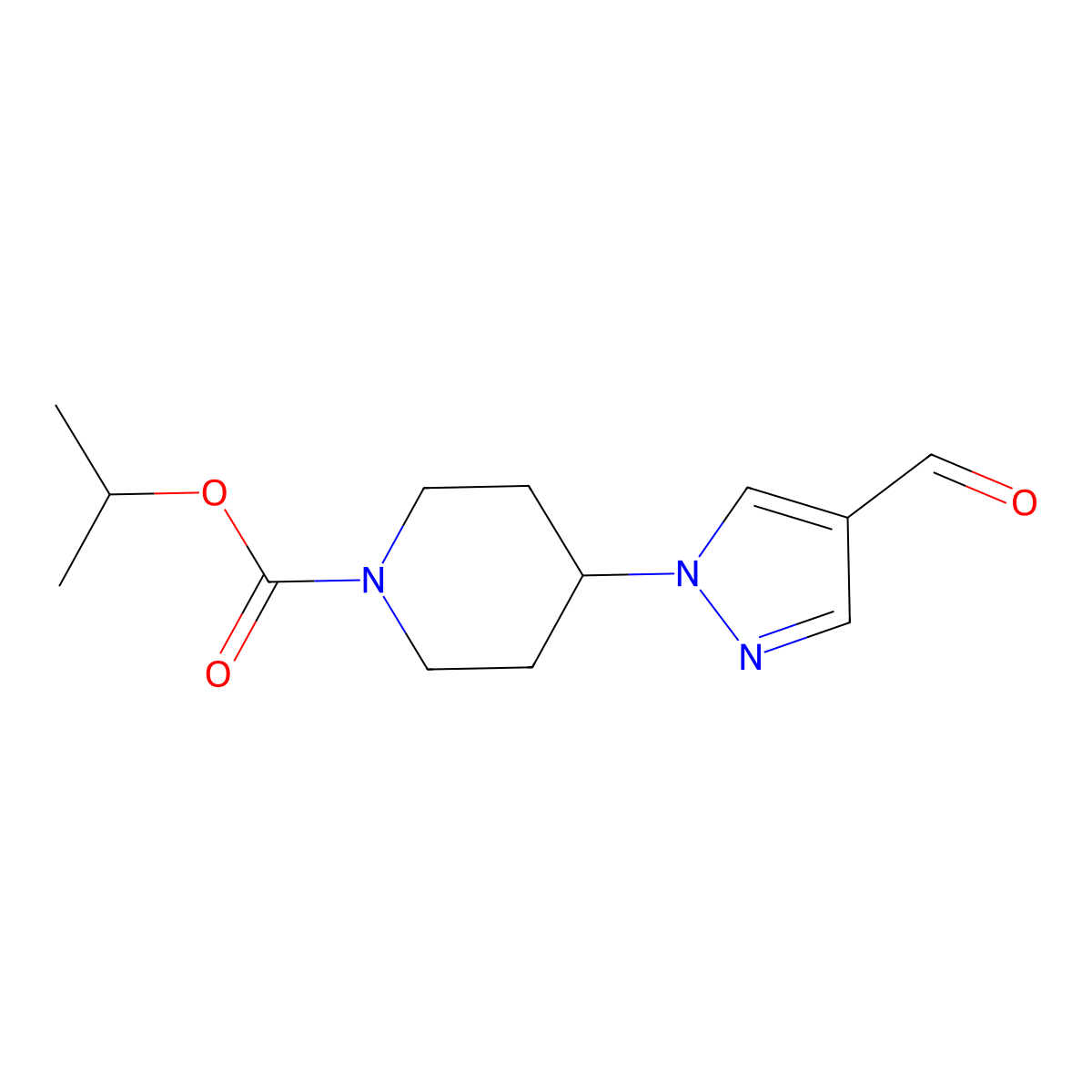 Isopropyl 4-(4-formylpyrazol-1-yl)piperidine-1-carboxylate molecular structure, CAS 1184917-75-6