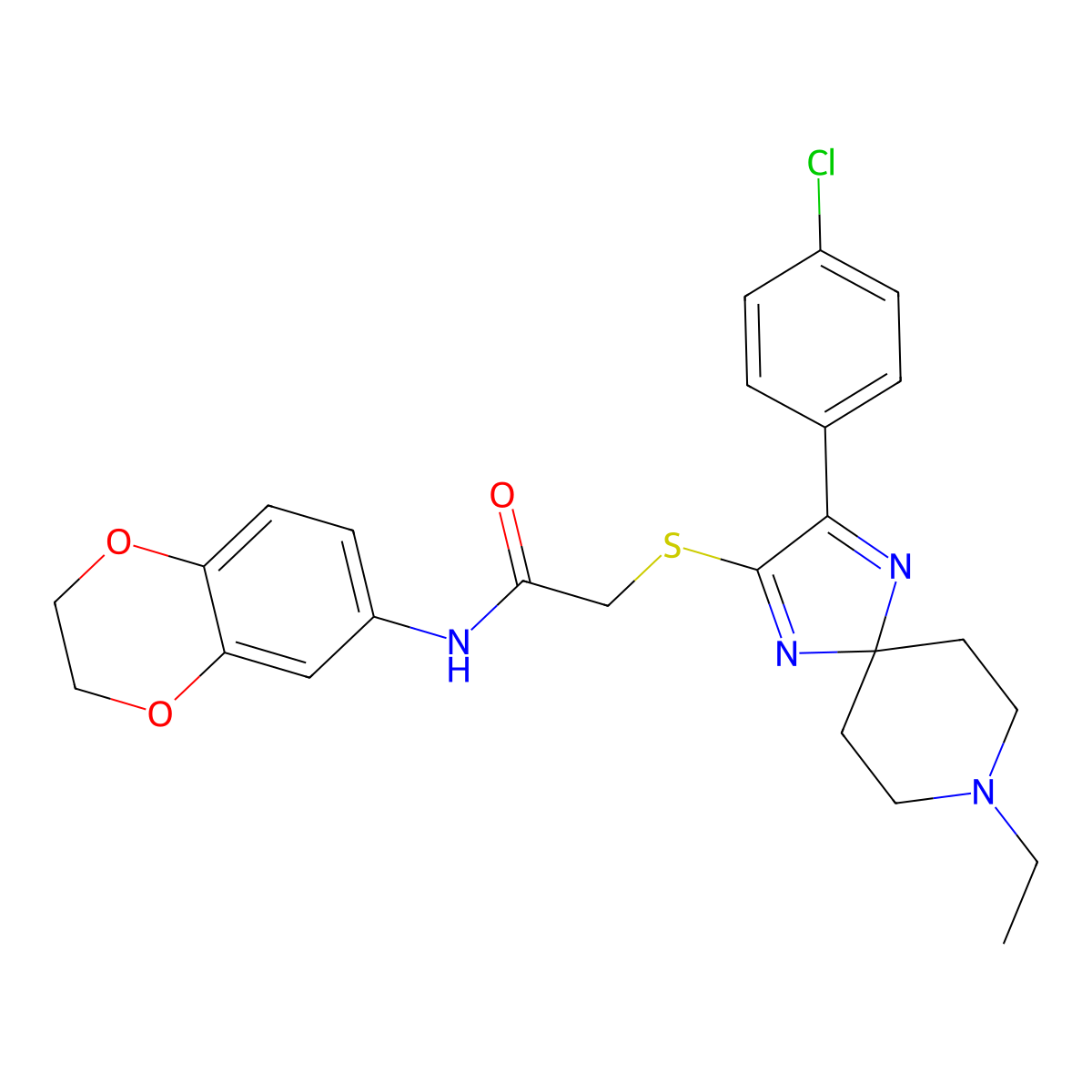 2-((3-(4-chlorophenyl)-8-ethyl-1,4,8-triazaspiro[4.5]deca-1,3-dien-2-yl)thio)-N-(2,3-dihydrobenzo[b][1,4]dioxin-6-yl)acetamide molecular structure, CAS 1184964-25-7