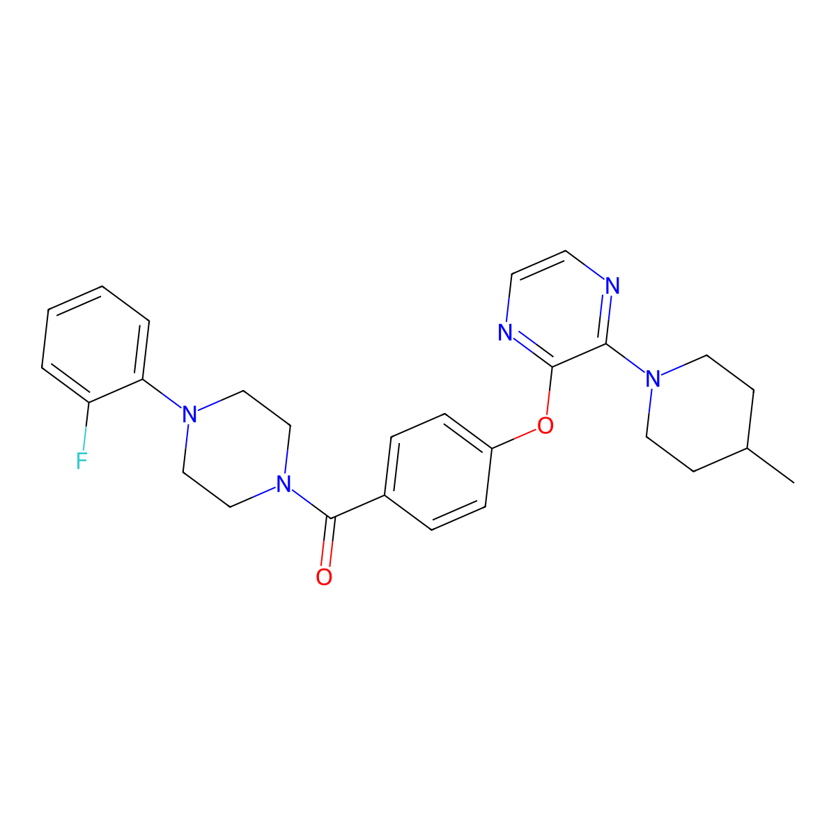 (4-(2-Fluorophenyl)piperazin-1-yl)(4-((3-(4-methylpiperidin-1-yl)pyrazin-2-yl)oxy)phenyl)methanone molecular structure, CAS 1184965-91-0