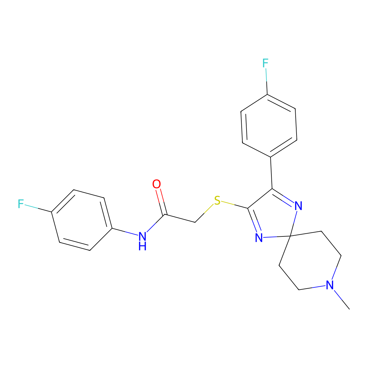 N-(4-fluorophenyl)-2-((3-(4-fluorophenyl)-8-methyl-1,4,8-triazaspiro[4.5]deca-1,3-dien-2-yl)thio)acetamide molecular structure, CAS 1184968-32-8